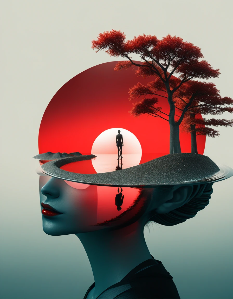 minimalist composition red sun，black man sitting on it，Mirror reflection of trees and water，Surrealism，clean background，Cinema4D rendering style，high resolution photography，dream scene，minimalist sculpture art installation