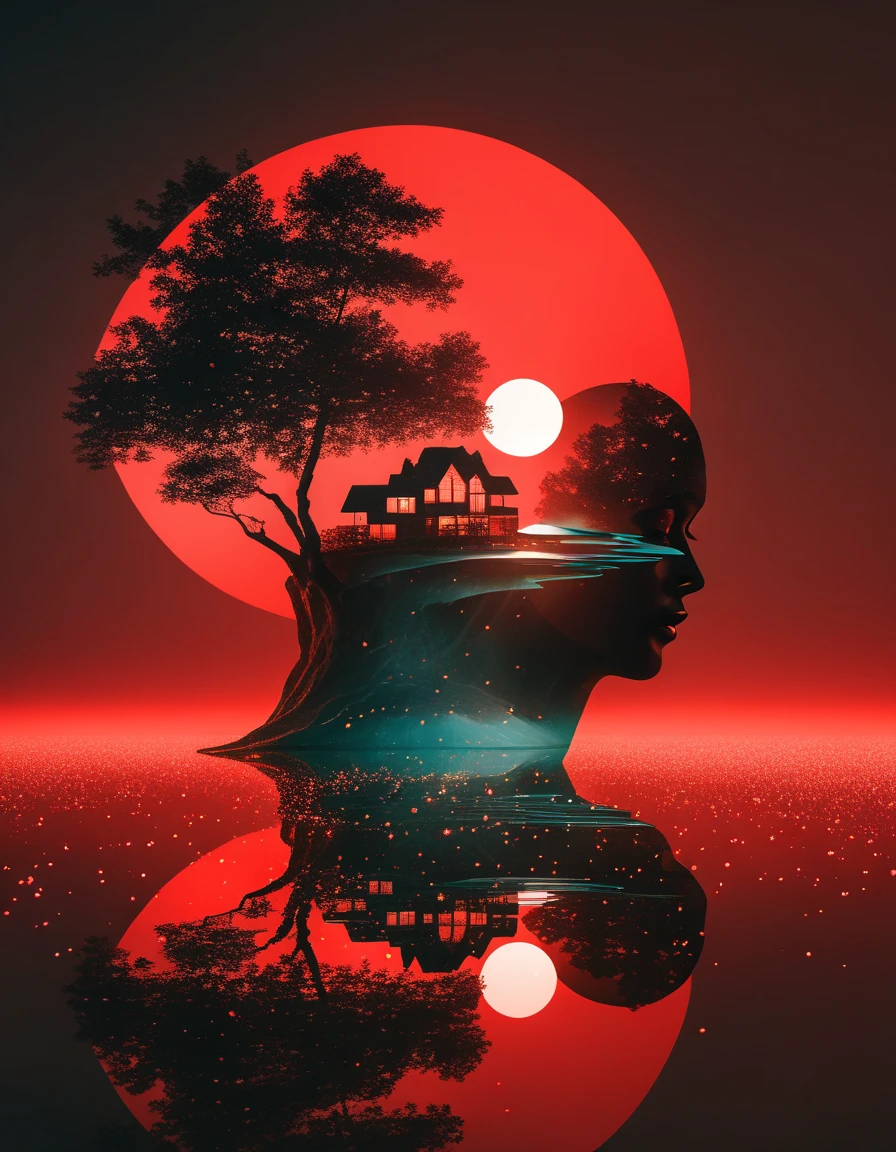 minimalist composition red sun，black man sitting on it，Mirror reflection of trees and water，Surrealism，clean background，Cinema4D rendering style，high resolution photography，dream scene，minimalist sculpture art installation