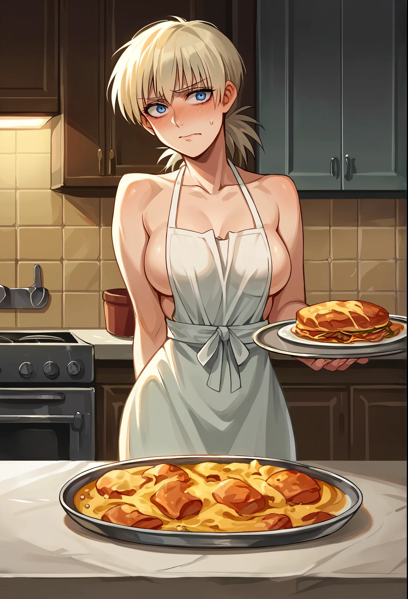 score_9, score_8_up, score_7_up, source_anime, 1girl, solo, boob window, no bra, big , standing, holding a tray of burned food, gown, cooking, kitchen, hellsing, seras victoria, front view, looking at viewer, embarrassed, shy, tray on table, arms behind back, blue Eyes