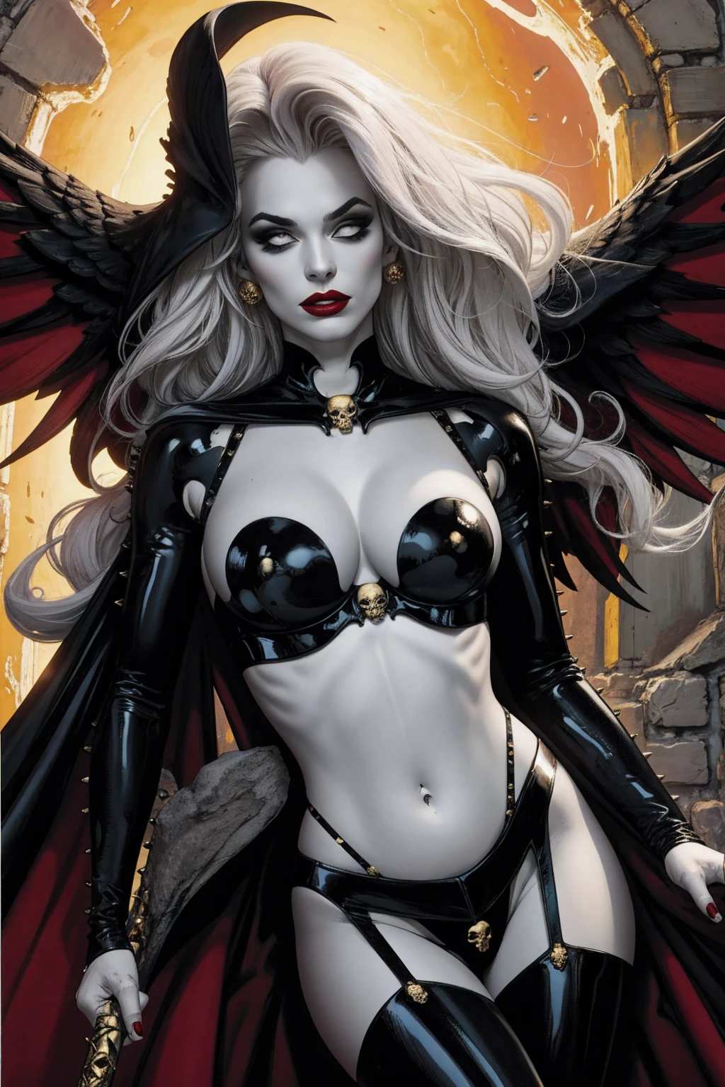 Uma mulher solo girl, Queen of Death, pale skinned, cabelos brancos, olhos vermelhos, red-lips, goth makeup, expression would be sensual, corpo sensual sexy, cintura fina, coxas grossas, usando um vestido antigo preto, ela usando um colar de caveira de prata, in the background a cemetery and she is holding a soul with her hand, detailed graphic bright and vibrant colors