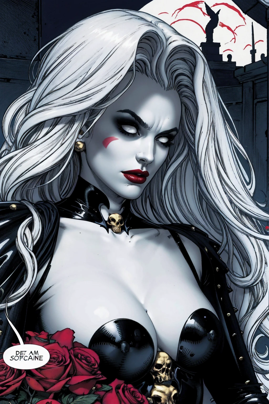 Uma mulher solo girl, Queen of Death, pale skinned, cabelos brancos, olhos vermelhos, red-lips, goth makeup, expression would be sensual, corpo sensual sexy, cintura fina, coxas grossas, usando um vestido antigo preto, ela usando um colar de caveira de prata, in the background a cemetery and she is holding a soul with her hand, detailed graphic bright and vibrant colors