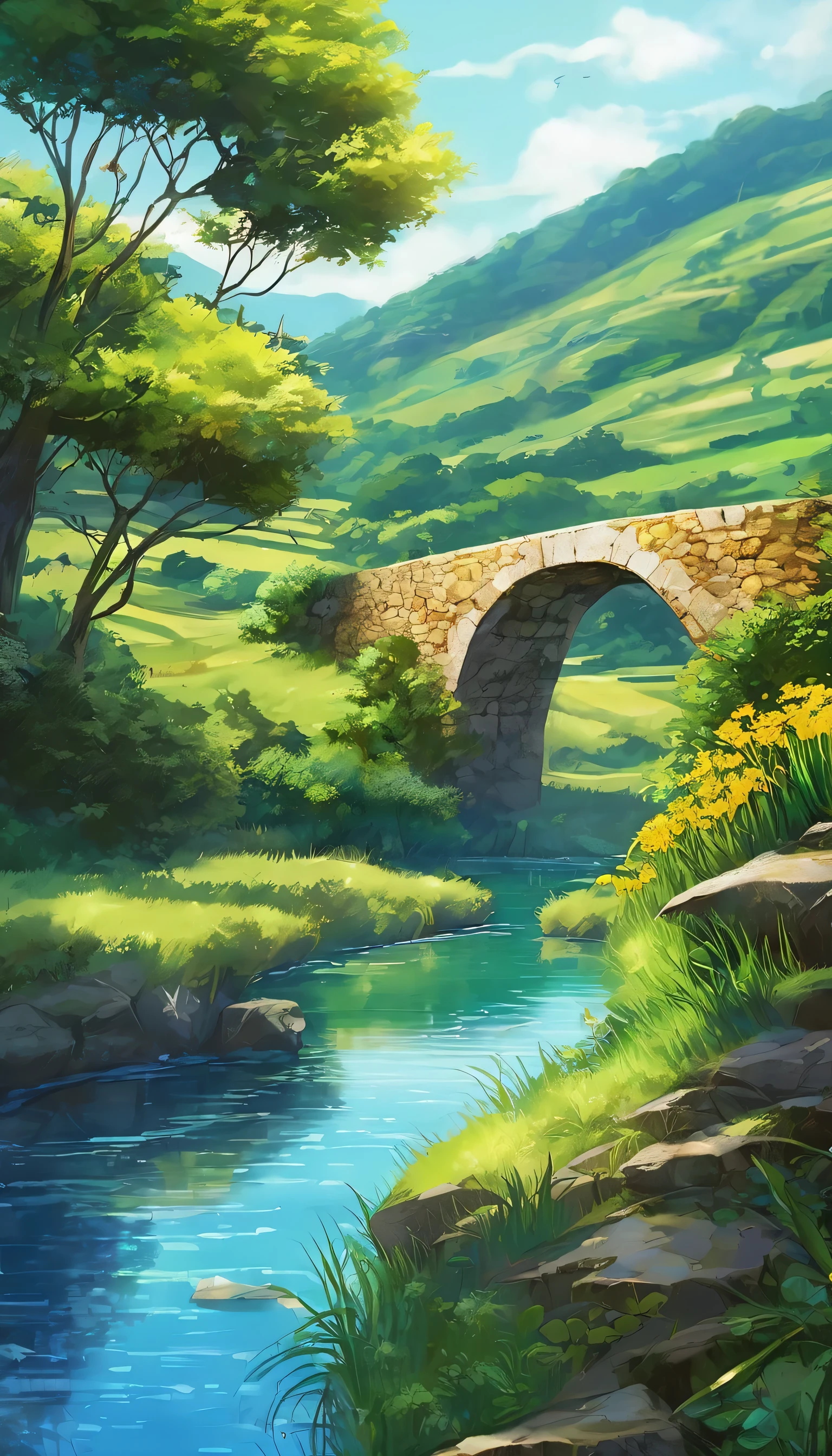 A vast plain bathed in sunshine, small river with very beautiful blue water with an old stone bridge,Where golden fields stretch as far as the eye can see. The clear, endless sky merges with a horizon of majestic mountains, covered in lush vegetation. Uma tranquilidade natural permeia a paisagem, evoking a sense of harmony and renewal, As if the earth itself was breathing life. imagem estilo anime