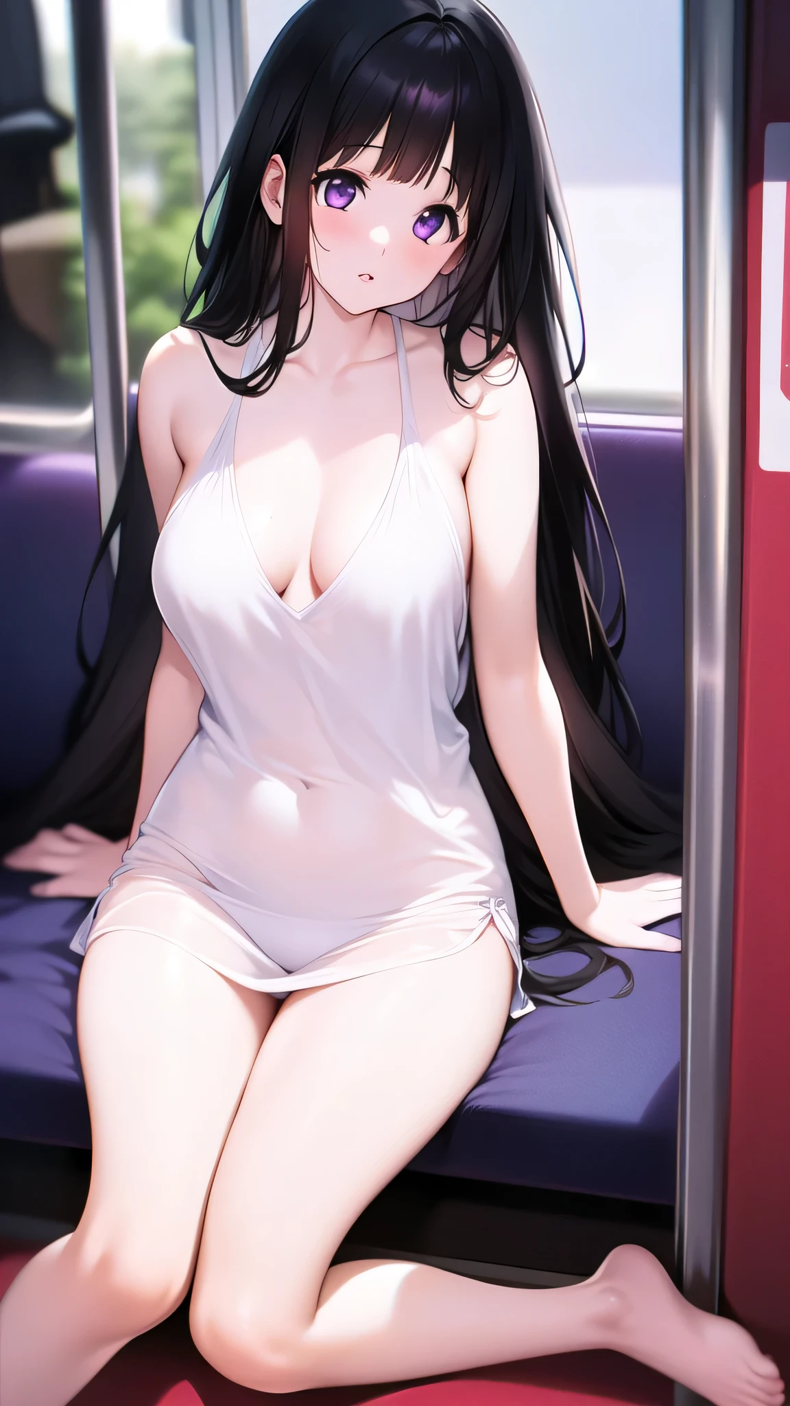 The stunning Chitanda Eru, There is only one beautiful girl，purple eyes, black hair, Naturally straight hair, straight bangs, extremely refined，adult face，lips open，flowing long hair，Peerless beautiful girl, dreamlike，Slim，soft, (Sensual), (kawaii), dream quality，On the tram，White transparent nightdress，camel toe，no underwear，side breasts，showing areola，Bare thighs，bare shoulders，Clavicle exposed，bare neck，groin，barefoot，bare breasts，ultra high resolution, (masterpiece:1.2, best quality), (Exquisite and beautiful eyes: 1.2), (Beautiful and delicate face)