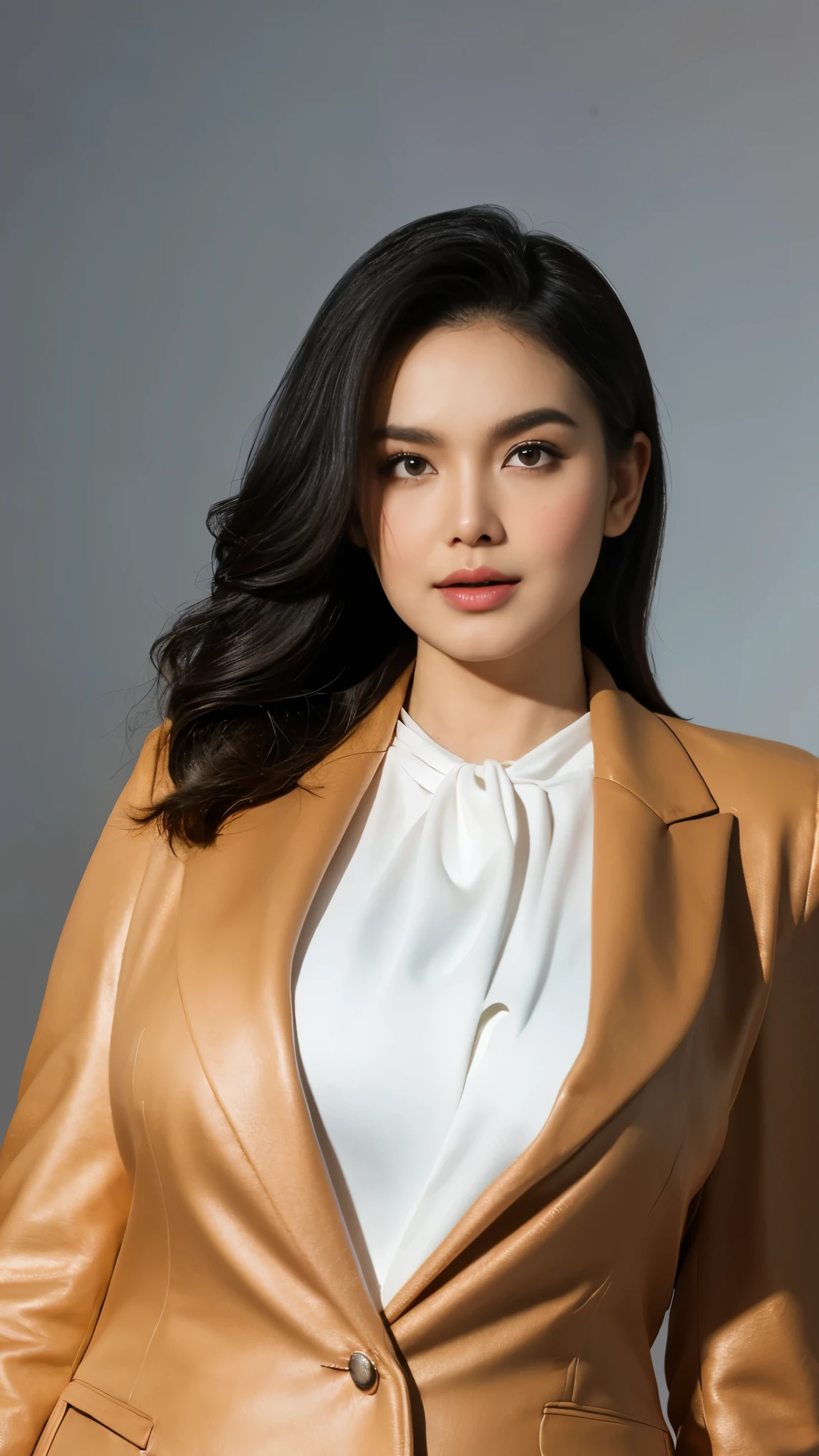 Vogue style side view photo shoot of 1 malay 20years old young woman wear  ((  black blazer and white shirt)) with photoshoot studio background in Wes Anderson style, ((cleavages)),detail skin texture, detailed face, saggy breast, dark , camel toe, heavy big breast, big round ass, wide hips, thick thighs, beer belly, curvy, view from side, hyper - realistic photography, Wes Anderson style, full body, 8k, close - up shot, extreme close - up photo, ((looking at viewer)),  shiny wavy black hair