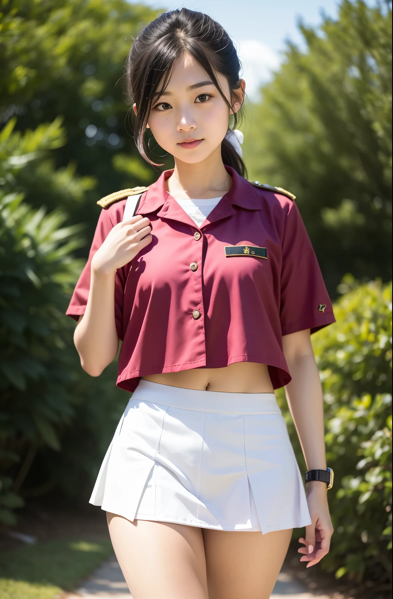 real photos、Highest im年 quality、realistic、Beautiful woman、beautiful thighs、beautiful face、real im years、federal army uniform miniskirt、ponytail、Yuriko Yoshitaka、16 years old Japanese female、Zuo々Ki Nozomi:1.4、pretty girl、white pantiesが見える、16age、(white panties:1.3)、super mini skirt、beautiful thighs、white panties、ピンクのミニスカートがめくれてwhite pantiesが見えてる