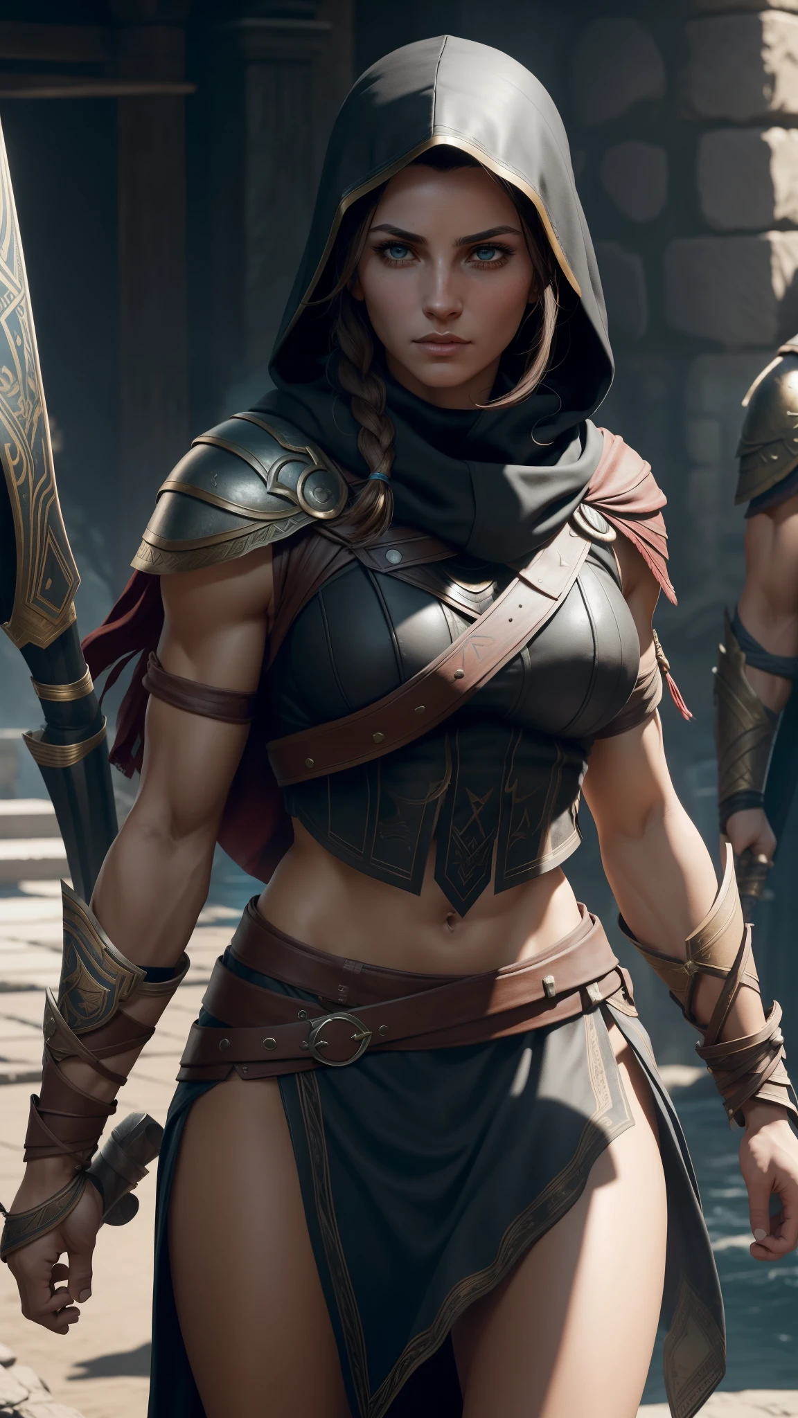 (best quality, highres), leather texture, dark and moody lighting, dramatic shadows, intense expression, assassin theme, action-packed, dynamic composition, beautiful physique, alluring eyes, seductive demeanor, dangerous allure, intricate tattoos, sleek black armor, fierce determination, epic background, ancient ruins, hidden blades, cinematic atmosphere.