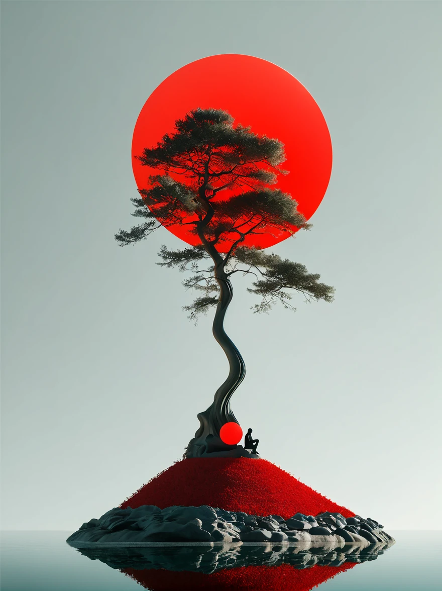 minimalist composition red sun,black man sitting on it,Mirror reflection of trees and water,Surrealism,clean background,Cinema4D rendering style,high resolution photography,dream scene,minimalist sculpture art installation