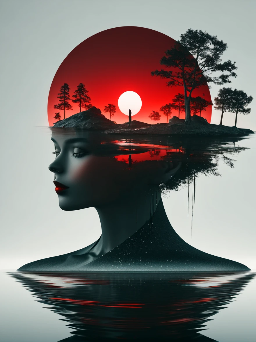 minimalist composition red sun，black man sitting on it，Mirror reflection of trees and water，Surrealism，clean background，Cinema4D rendering style，high resolution photography，dream scene，minimalist sculpture art installation