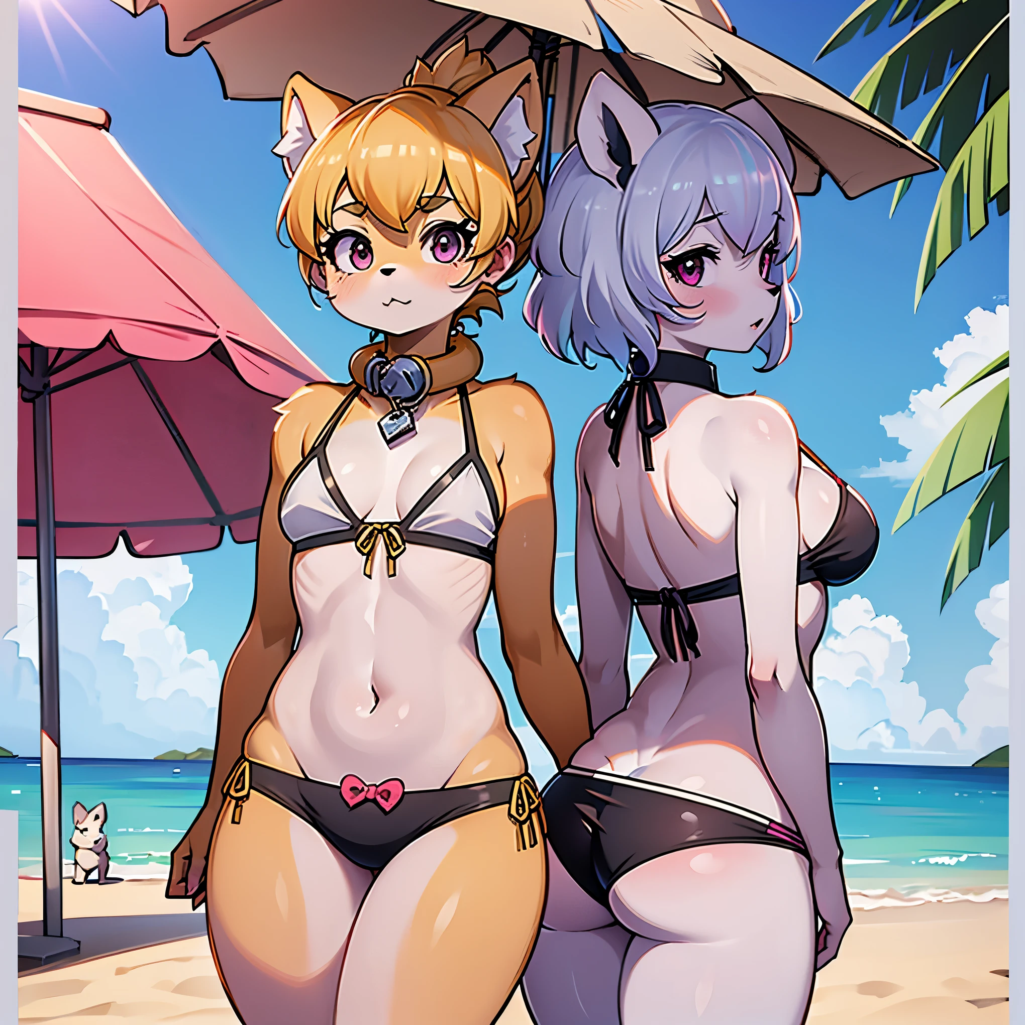 ((chica , pelo blanco, ojos rosas , pelaje , pelaje claro , maximo detalle )) ( ropa : bikinis , collar de perro ) ( fondo : playa , arena , mar , palapa) ( ojos rosas hiperrealismo) ( pelo blanco , pelo blanco )( cabello color blanco,sombra verde ) ( ponle orejas de cachorro a las dos )