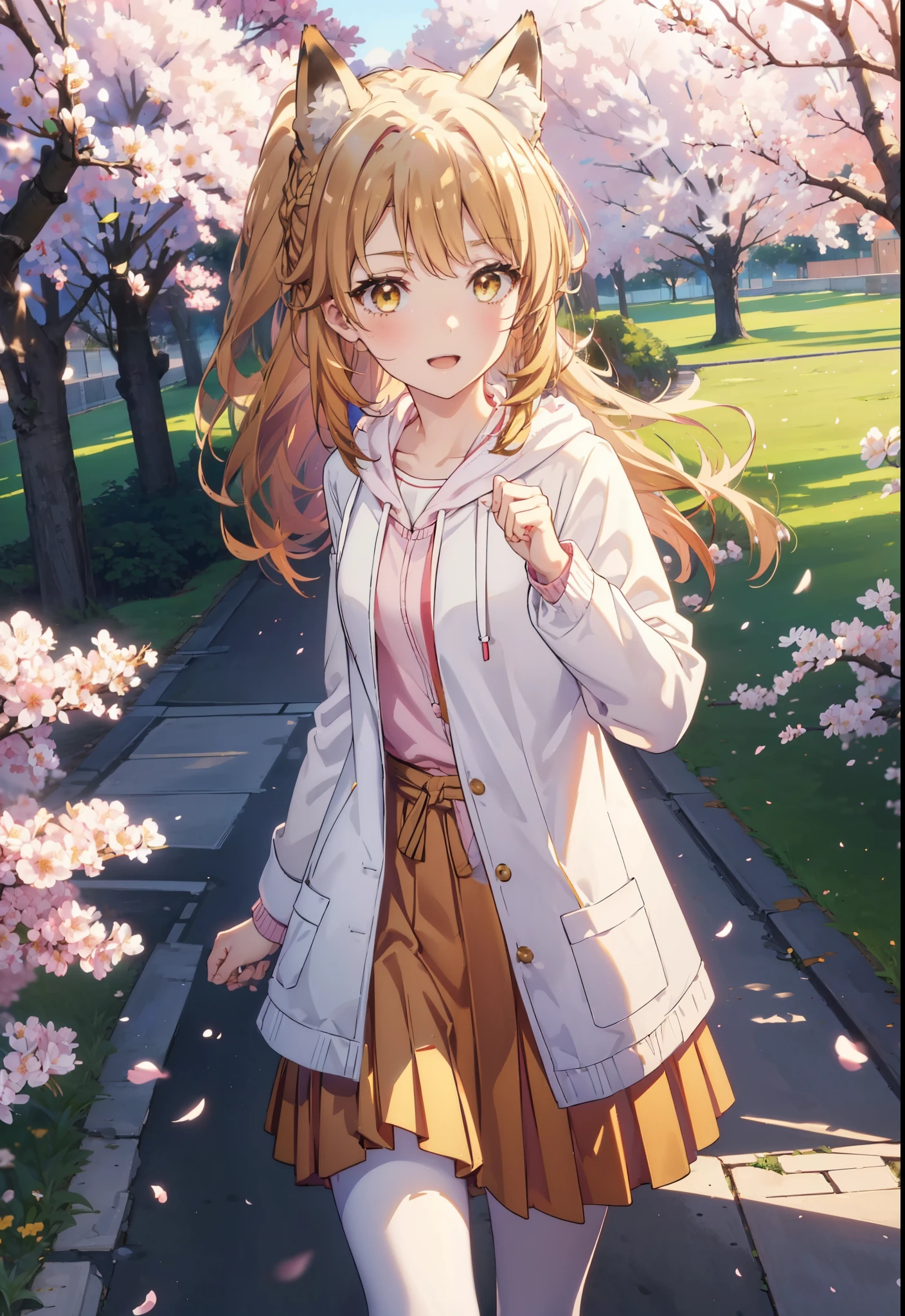 irohaisshiki, iroha isshiki, long hair, brown hair, (brown eyes:1.5), happy smile, smile, open your mouth,short braided hair,ponytail,animal ears fox ears,animal tail fox tail,oversized pink hoodie,yellow pleated long skirt,white pantyhose,Mini Boots,walking,Cherry blossom tree-lined path,cherry blossoms are blooming,Cherry blossoms are scattered,noon,look from top to bottom,
break outdoors, garden,
break looking at viewer, Upper body,(cowboy shot:1. 5)
break (masterpiece:1.2), highest quality, High resolution, unity 8k wallpaper, (figure:0.8), (beautiful deしっぽed eyes:1.6), extremely deしっぽed face, perfect lighting, extremely deしっぽed CG, (perfect hands, perfect anatomy),