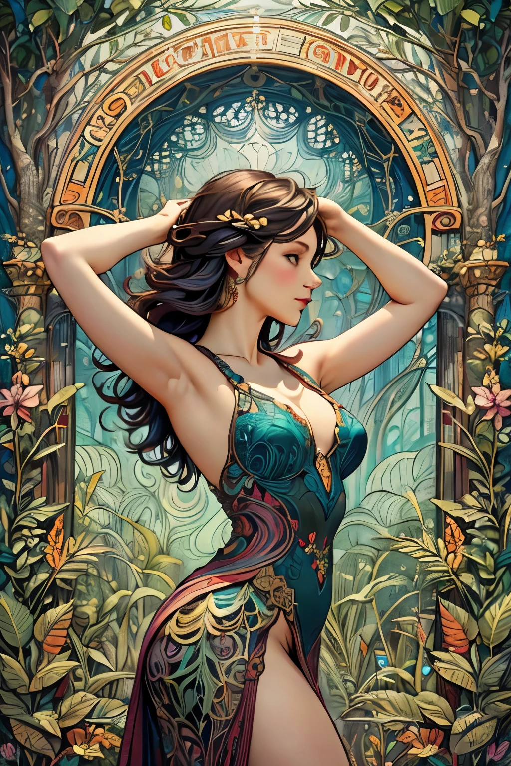 masterpiece, 1woman,armpit, arms up, arched back,mucha style, Art nouveau, (best quality, 8k, highres, realistic, detailed), 