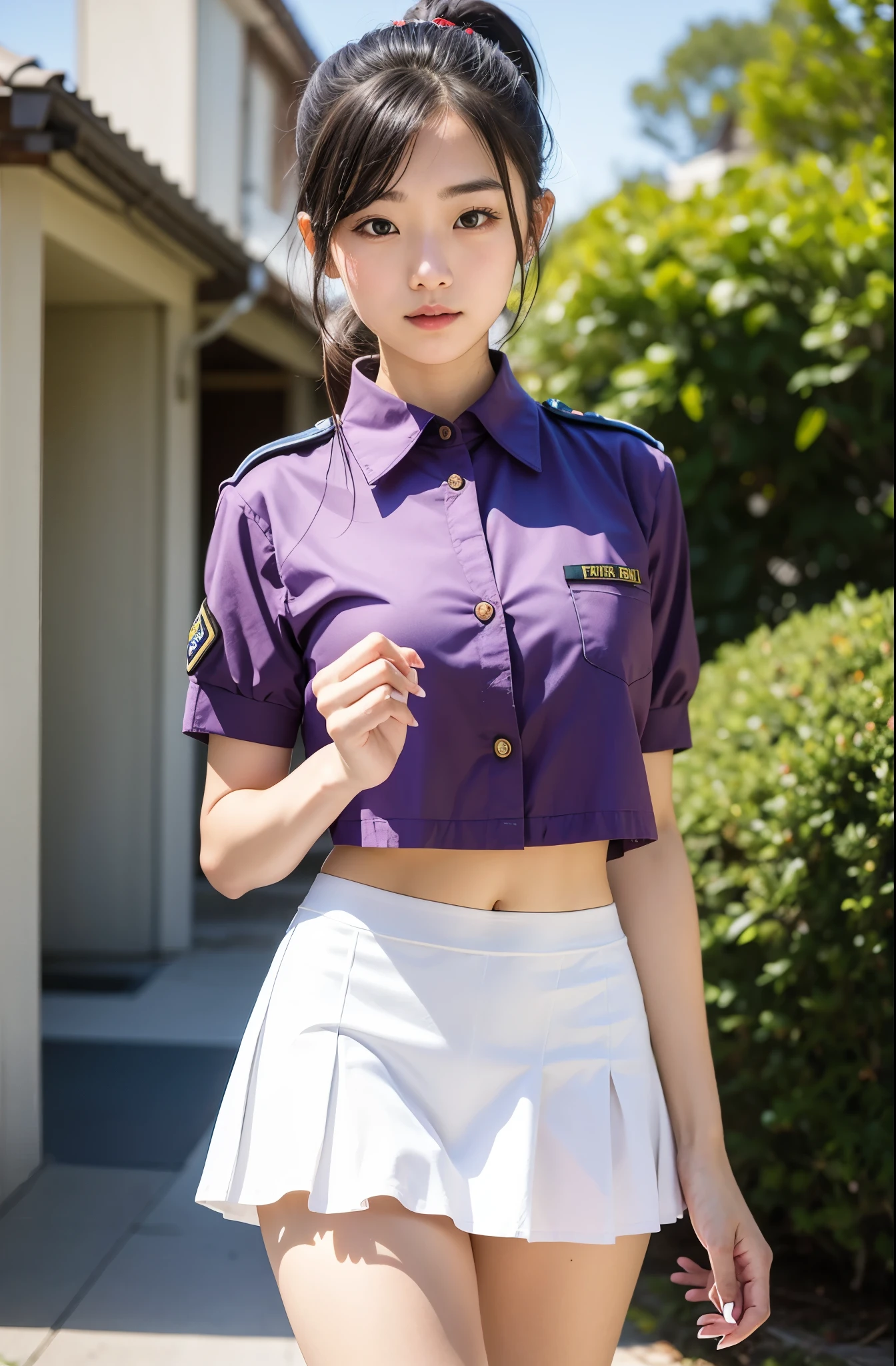 real photos、Highest im年 quality、realistic、Beautiful woman、beautiful thighs、beautiful face、real im years、federal army uniform miniskirt、ponytail、Yuriko Yoshitaka、16 years old Japanese female、Zuo々Ki Nozomi:1.4、pretty girl、white pantiesが見える、1６age、（white panties:1.3）、super mini skirt、beautiful thighs、white panties、ピンクのミニスカートがめくれてwhite pantiesが見えてる