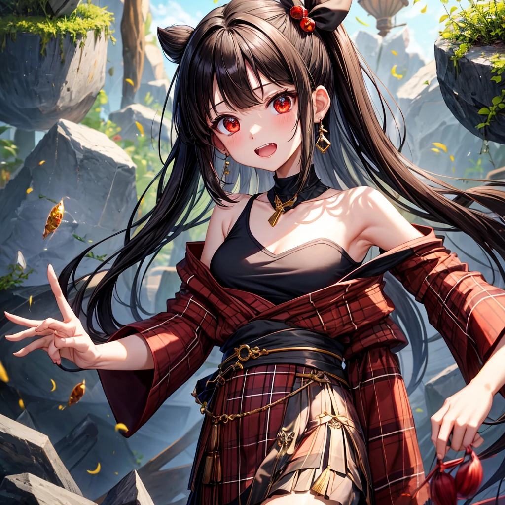 brown black hair、red eyes、one good looking girl、solo、anime、plaid mini skirt、black camisole、black t-shirt、kimono、wearing a ribbon、ribbon at waist、stone slabs are piled up、crystal earrings、jewelry necklace、Light and shadow、tilting one&#39;s face、teeth are visible、、Fireflies are flying、geta、lots of crystals、Lock、encounter