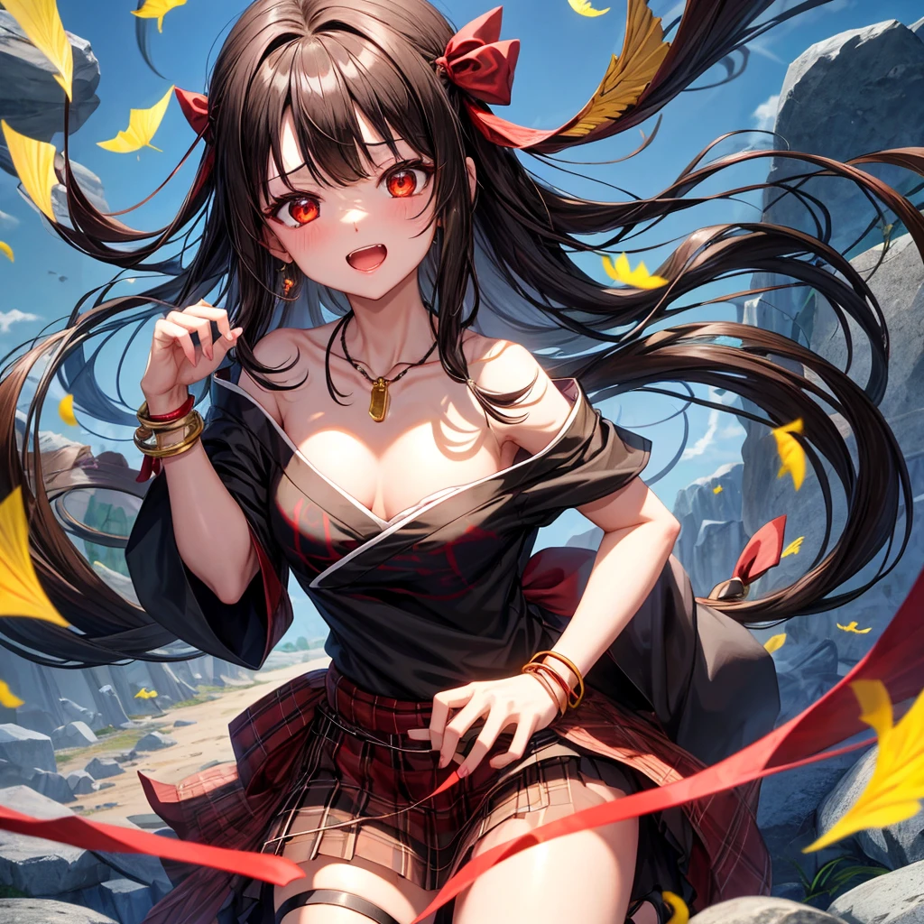 brown black hair、red eyes、one good looking girl、solo、anime、plaid mini skirt、black camisole、black t-shirt、kimono、wearing a ribbon、ribbon at waist、stone slabs are piled up、crystal earrings、jewelry necklace、Light and shadow、tilting one&#39;s face、teeth are visible、、Fireflies are flying、geta、lots of crystals、Lock、encounter