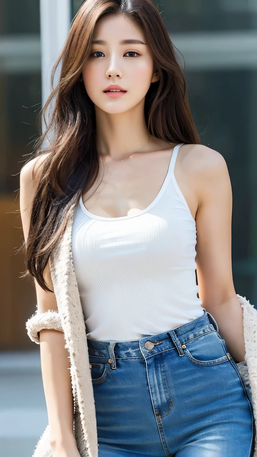 （real， High resolution：1.3）， 1 Girl with perfect body， very detailed face and eyes，long hair， random color tank top：1.2， jeans coat， gross breasts，expose the neckline
