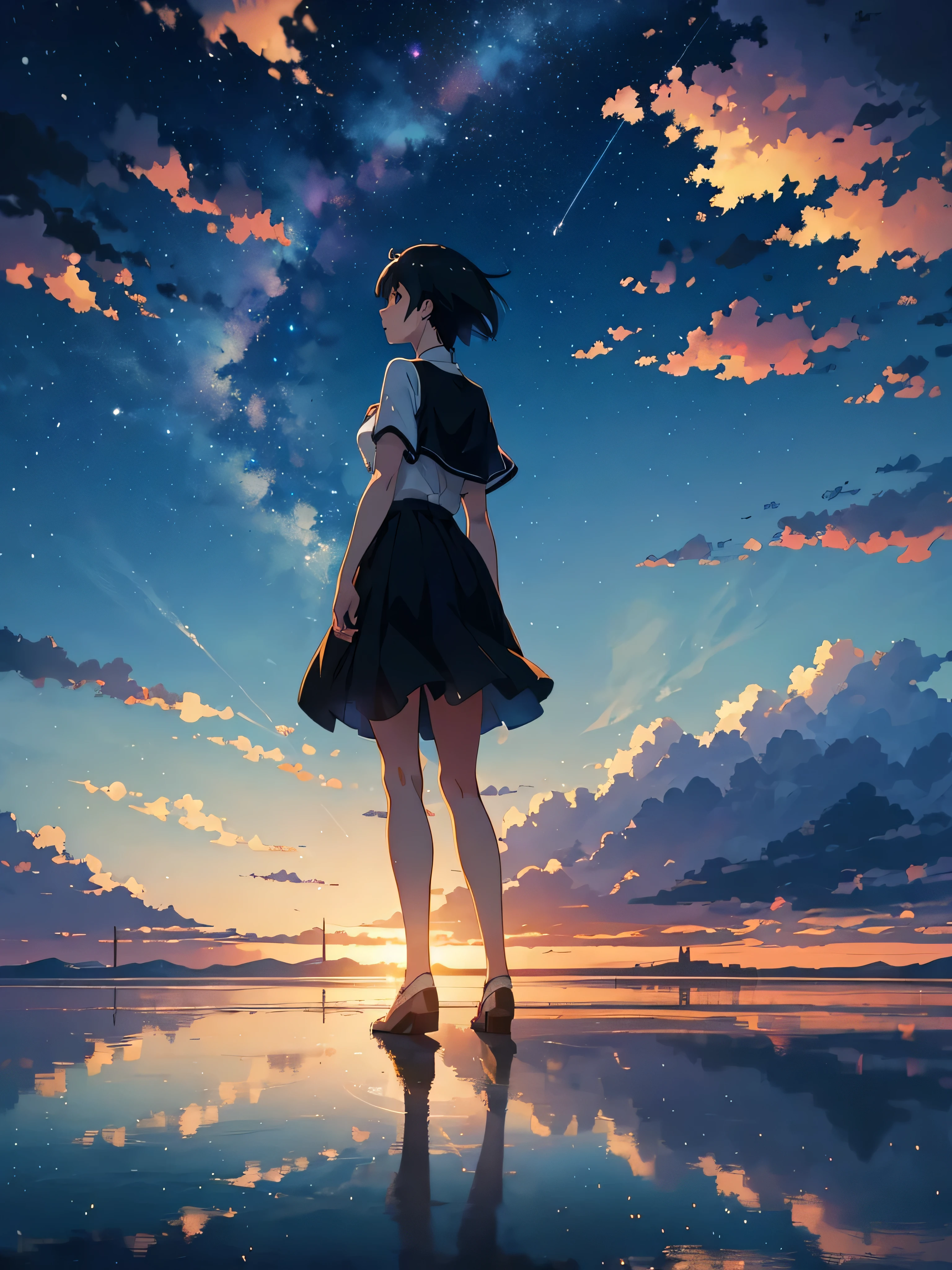 Ultra High-quality masterpieces, Landscapes, Clouds, Anime trains pass bodies of water on distant tracks, Bright starry sky. Traveler, Romantic lights, meteors in the sky, concept-art, Lofi art style, Reflection. Makoto Shinkai, Raffe Art, beautiful anime scenes, Anime landscapes, Detailed view, Makoto Shinkai's style, Makoto Shinkai's style, Enhanced detail.