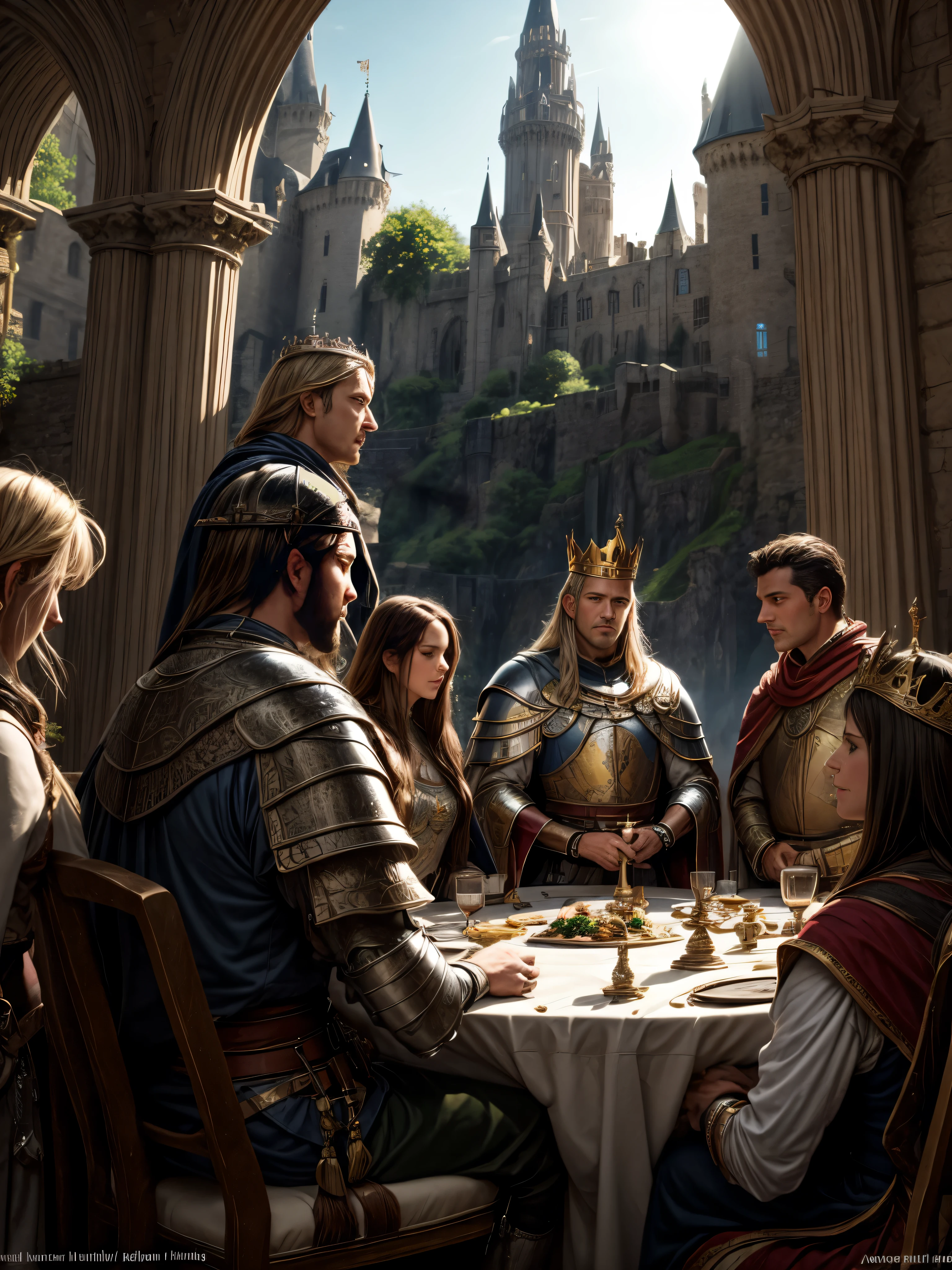 In the grand spectacle, Royal Knights (weight: 0.25) of the Round Table (weight: 0.25) converge at the majestic Camelot (weight: 0.25) in the presence of their noble King (weight: 0.25).The atmosphere is one of grandeur and honor (weight: 0.2), with the sprawling Camelot castle bathed in the soft golden light of dawn, casting long, regal shadows (weight: 0.2).The knights, bedecked in shining armor adorned with intricate engravings (weight: 0.2), bear the insignias of their individual prowess and loyalty (weight: 0.2). The armor gleams with a metallic sheen, reflecting the morning sun's rays (weight: 0.2).Their noble steeds, equally resplendent in richly adorned bridles and caparisons (weight: 0.2), stand at attention (weight: 0.2).King Arthur, seated at the head of the round table (weight: 0.2), is depicted with an air of wisdom and authority (weight: 0.2). His crown, adorned with precious jewels (weight: 0.2), symbolizes his sovereignty, while his kingly robe flows regally around him (weight: 0.2).The knights gather around him in a circular formation (weight: 0.2), their expressions a mix of reverence and camaraderie (weight: 0.2).The Camelot castle itself is a masterpiece of medieval architecture (weight: 0.2), with towering turrets, sturdy stone walls, and banners bearing the crest of the round table billowing in the breeze (weight: 0.2).The lush countryside surrounding the castle adds to the scene's beauty (weight: 0.2), with rolling green hills and a tranquil moat reflecting the castle's majesty (weight: 0.2).The atmosphere is charged with a sense of unity and purpose (weight: 0.2) as the knights prepare to embark on a noble quest or engage in discussions of great import (weight: 0.2). The air carries the scent of freshly bloomed flowers (weight: 0.2), enhancing the idyllic setting (weight: 0.2).Style-wise, this artwork blends historical accuracy with a touch of fantasy (weight: 0.2), capturing both the grandeur of Arthurian legend (weight: 0.2) and enchantment