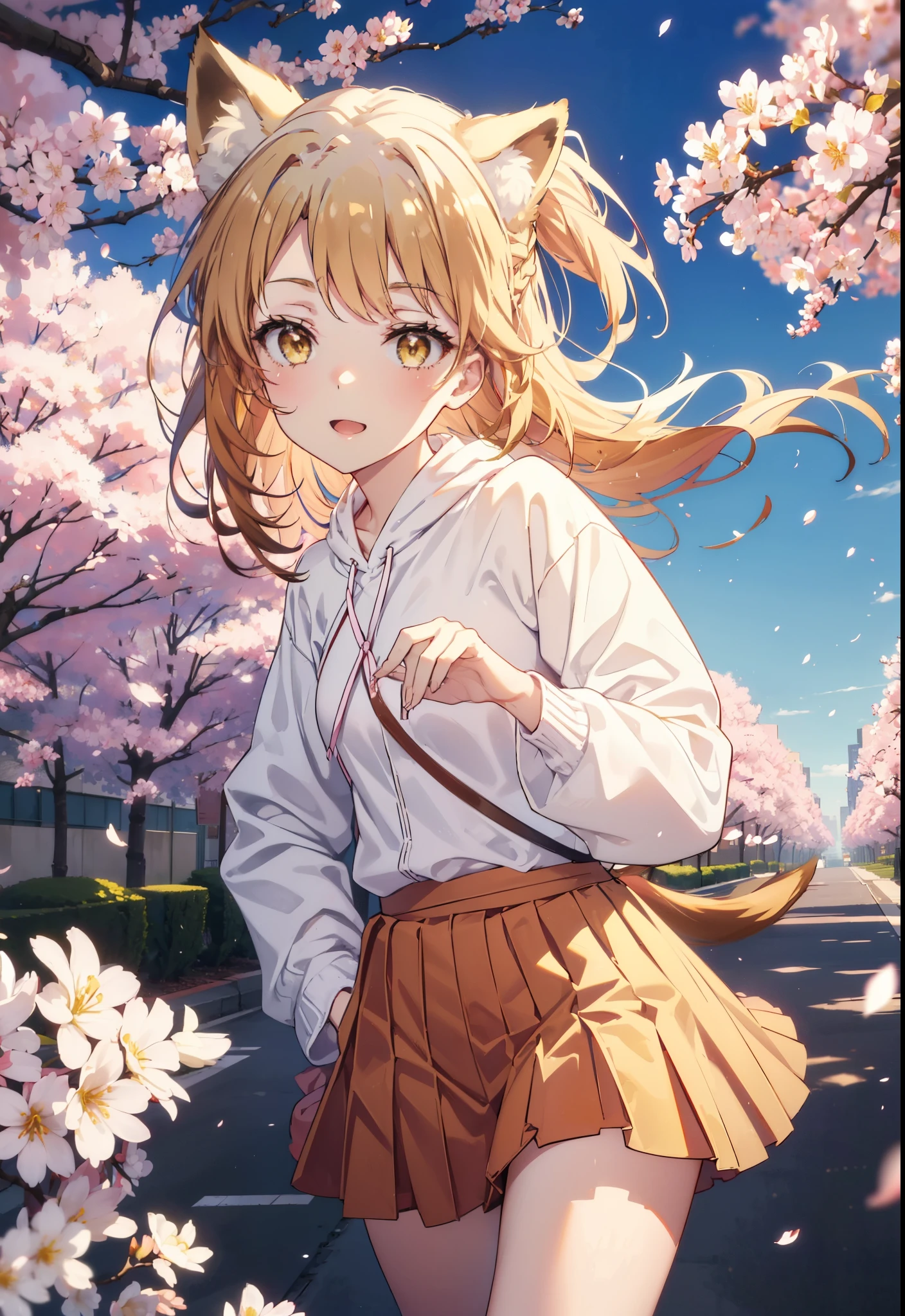 irohaisshiki, iroha isshiki, long hair, brown hair, (brown eyes:1.5), happy smile, smile, open your mouth,short braided hair,ponytail,animal ears fox ears,animal tail fox tail,oversized pink hoodie,yellow pleated long skirt,white pantyhose,Mini Boots,walking,Cherry blossom tree-lined path,cherry blossoms are blooming,Cherry blossoms are scattered,noon,look from top to bottom,
break outdoors, garden,
break looking at viewer, Upper body,(cowboy shot:1. 5)
break (masterpiece:1.2), highest quality, High resolution, unity 8k wallpaper, (figure:0.8), (beautiful deしっぽed eyes:1.6), extremely deしっぽed face, perfect lighting, extremely deしっぽed CG, (perfect hands, perfect anatomy),