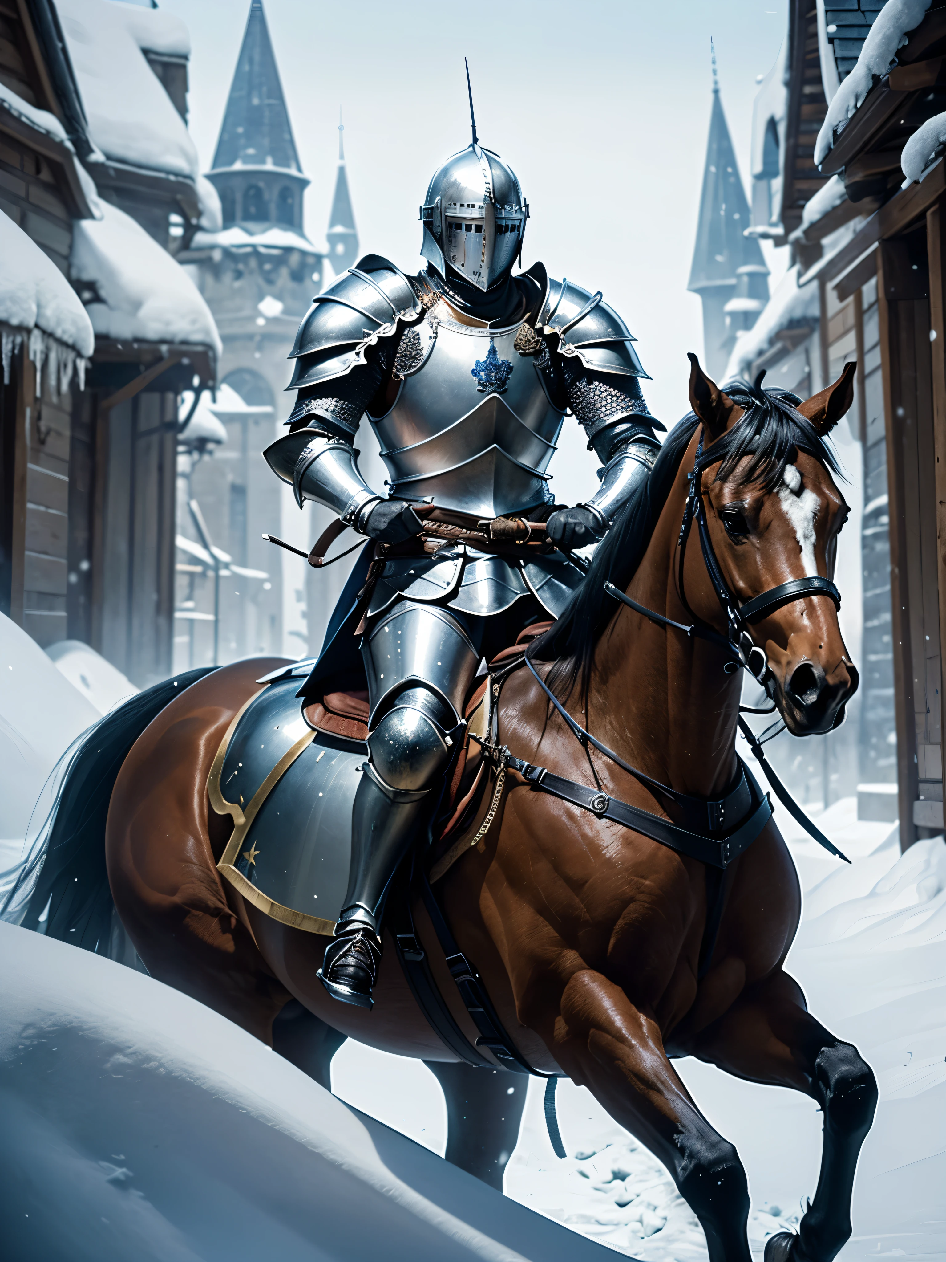 Masterpiece, best quality, ultra detailed, 8k, !(a person on a horse with a helmet on, knight on horseback, heavy cavalry, blue and ice silver color armor, armored knight, fantasy knight, wearing shining armor, (((knight))), shining plate armor, medieval knight, silver armor, knight, shinning armor, knight armor, white plated armor, heroes of might and magic 3, teutonic knight) snowy