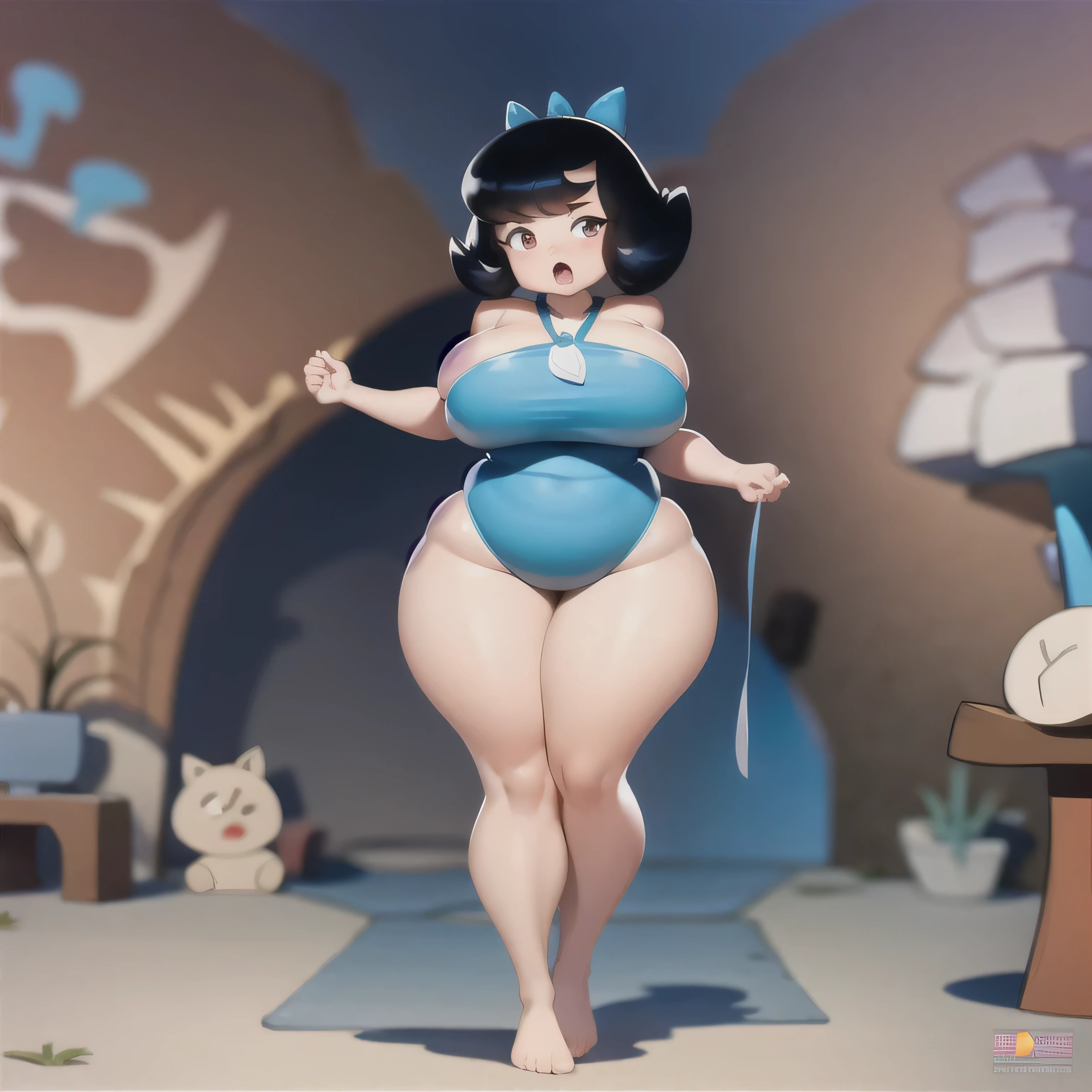 ((obra de arte, Melhor qualidade)),(complex lighting) ,1 garota, Sozinho, corpo todo, Betty Escombros, cabelo curto, arco de cabelo, vestir, andando, barefoot, floresta,, SSBBW, muito gorda, obesa, muito gorda, super fat, very obese