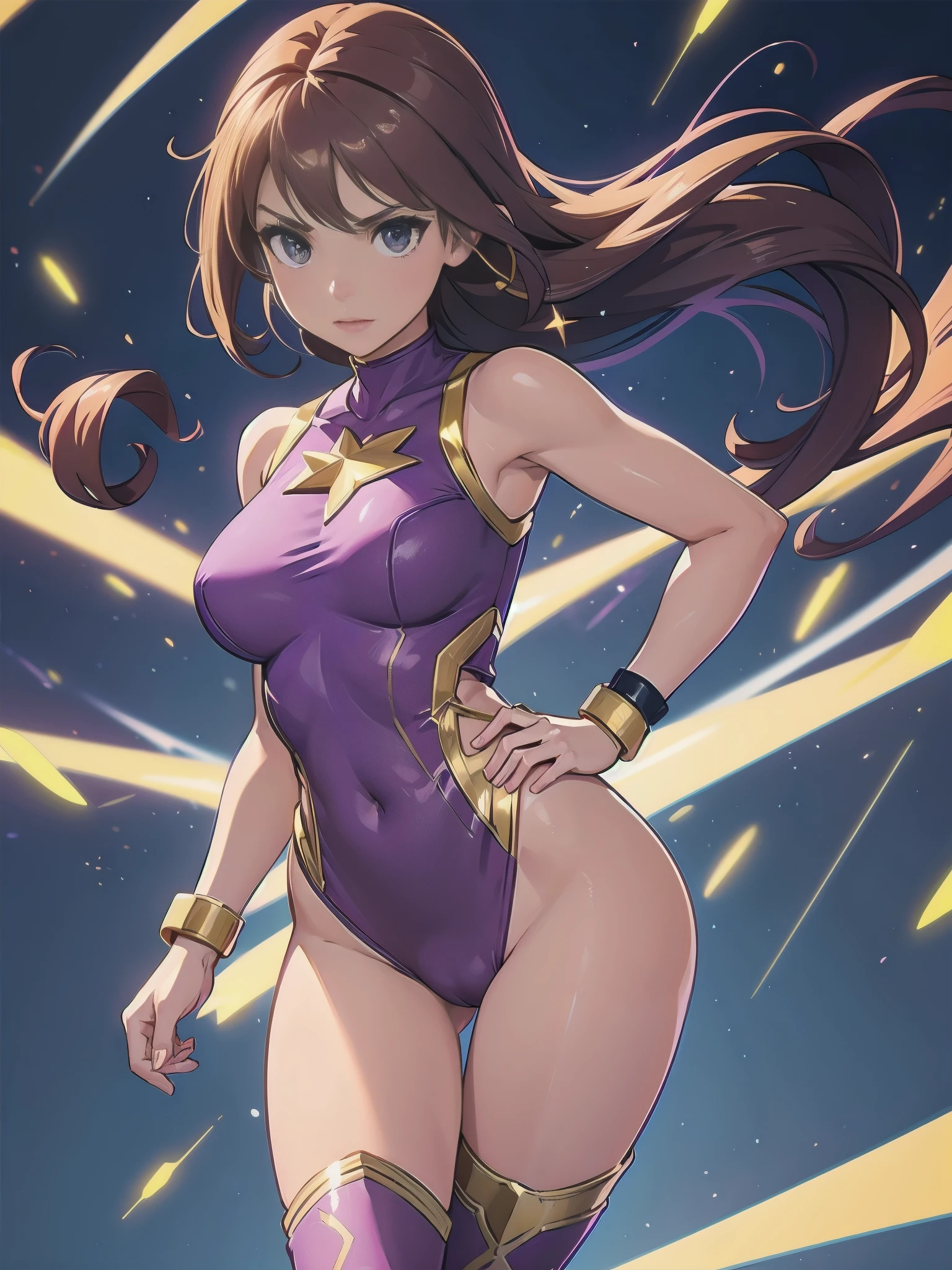 1girl,superhero,24 age,medium breasts, sleeveless highleg purple leotard with gold accents,bare legs,knee boots,bracelets,gold star on chest, hands on hip,standing straight,heroic,infused with energy, office backdrop,light particles,swirl lines