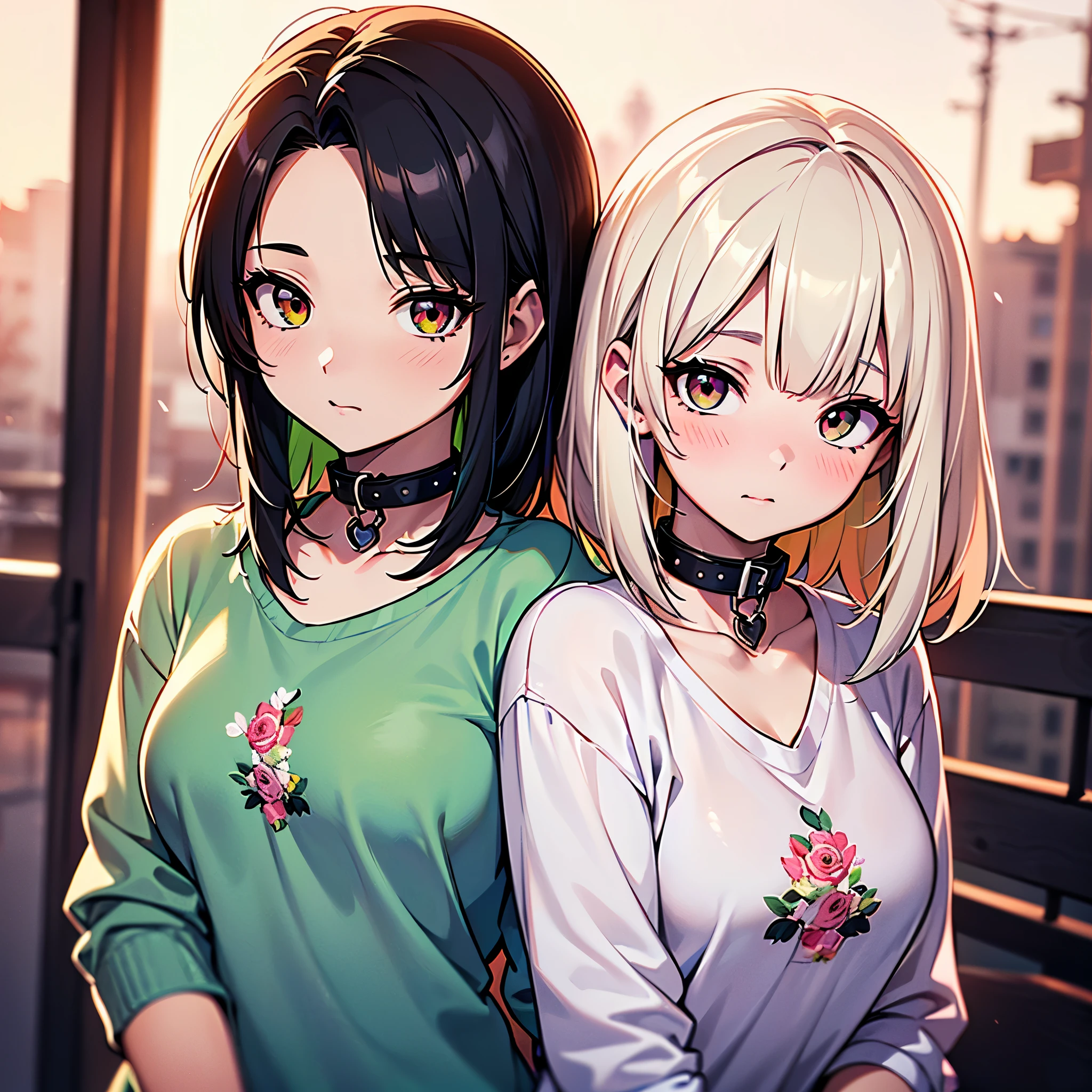 ((chica , pelo blanco, ojos rosas , pelaje , pelaje claro , maximo detalle )) ( ropa : camisa holgada , collar de perro ) ( fondo : multicolor obra maestra ,yoneyama mai style) ( ojos rosas hiperrealismo) ( pelo blanco , pelo blanco )( cabello color blanco,sombra verde )