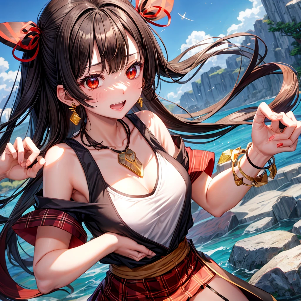 brown black hair、red eyes、one good looking girl、solo、anime、plaid mini skirt、black camisole、black t-shirt、kimono、wearing a ribbon、ribbon at waist、stone slabs are piled up、crystal earrings、jewelry necklace、Light and shadow、tilting one's face、teeth are visible、、Fireflies are flying、geta、lots of crystals、Lock、encounter