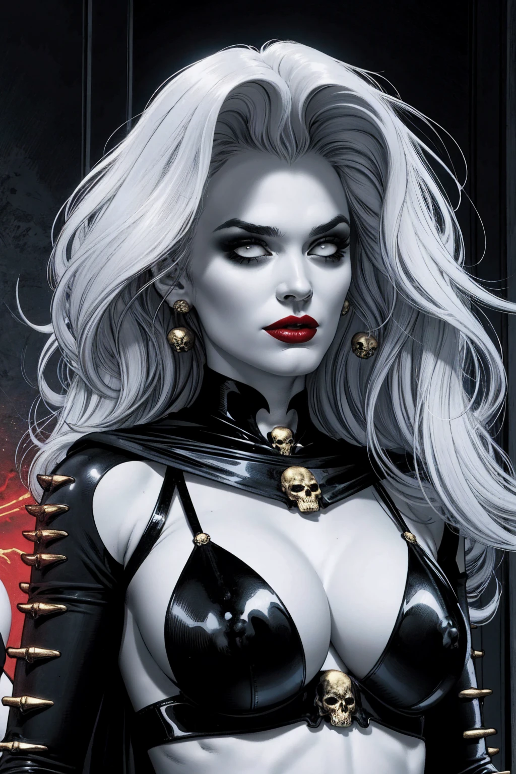 Uma mulher solo girl, Queen of Death, pale skinned, cabelos brancos, olhos vermelhos, red-lips, goth makeup, expression would be sensual, corpo sensual sexy, cintura fina, coxas grossas, usando um vestido antigo preto, ela usando um colar de caveira de prata, in the background a cemetery and she is holding a soul with her hand, detailed graphic bright and vibrant colors