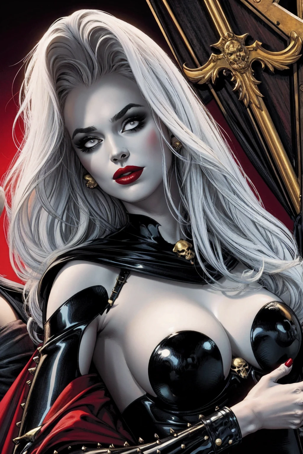 Uma mulher solo girl, Queen of Death, pale skinned, cabelos brancos, olhos vermelhos, red-lips, goth makeup, expression would be sensual, corpo sensual sexy, cintura fina, coxas grossas, usando um vestido antigo preto, ela usando um colar de caveira de prata, in the background a cemetery and she is holding a soul with her hand, detailed graphic bright and vibrant colors
