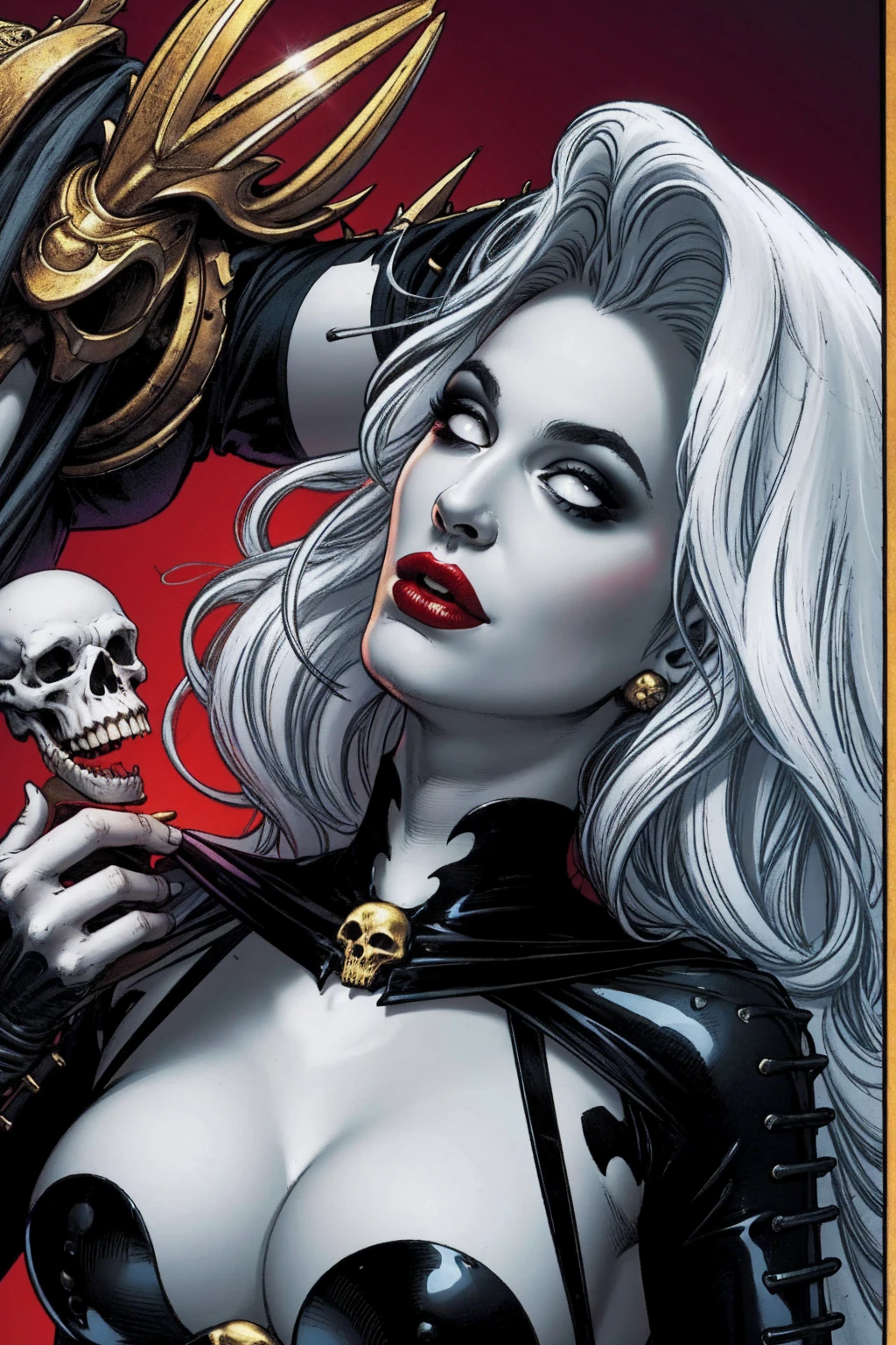 Uma mulher solo girl, Queen of Death, pale skinned, cabelos brancos, olhos vermelhos, red-lips, goth makeup, expression would be sensual, corpo sensual sexy, cintura fina, coxas grossas, usando um vestido antigo preto, ela usando um colar de caveira de prata, in the background a cemetery and she is holding a soul with her hand, detailed graphic bright and vibrant colors