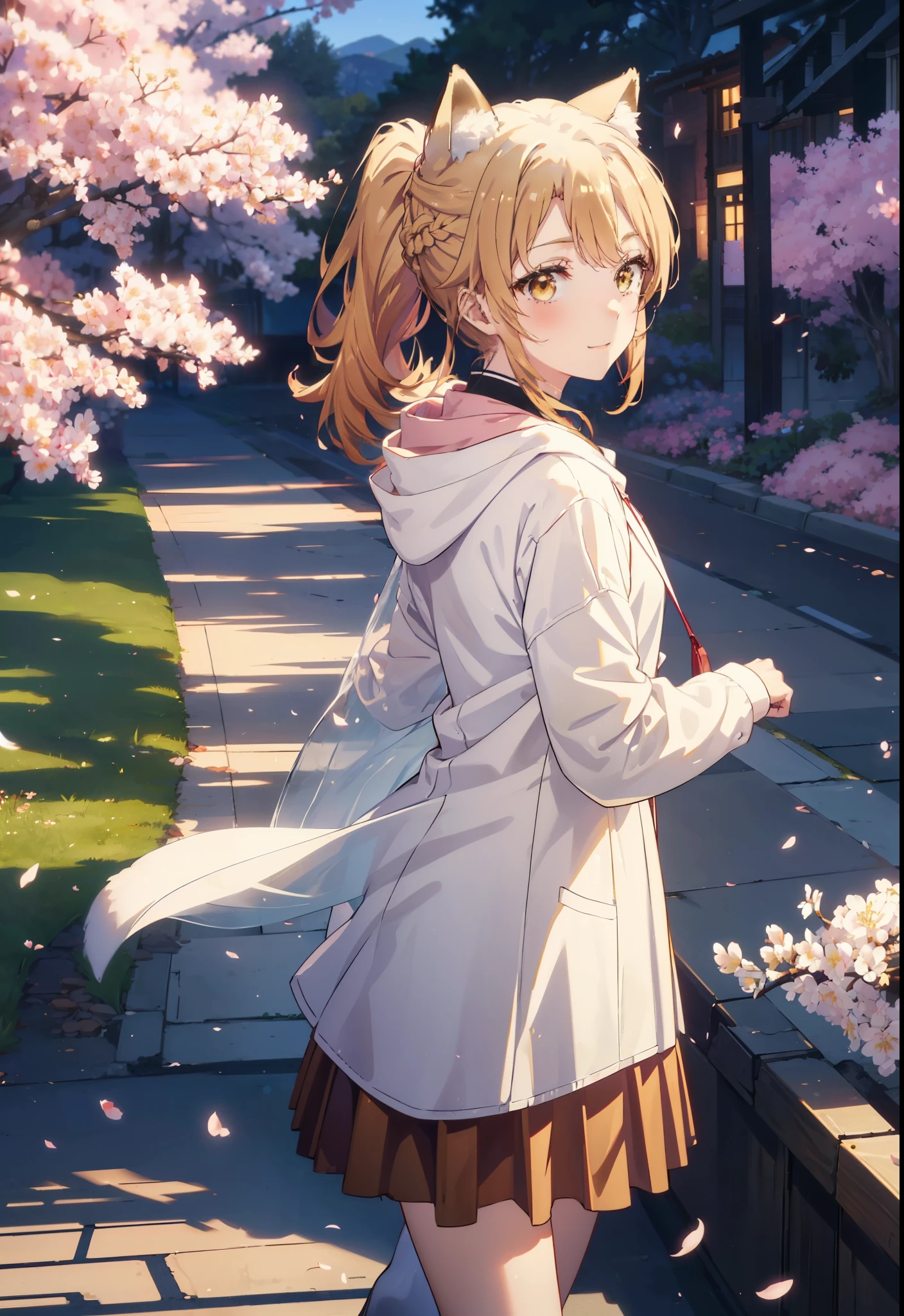 irohaisshiki, iroha isshiki, long hair, brown hair, (brown eyes:1.5), happy smile, smile, open your mouth,short braided hair,ponytail,animal ears fox ears,animal tail fox tail,oversized pink hoodie,yellow pleated long skirt,white pantyhose,Mini Boots,walking,Cherry blossom tree-lined path,cherry blossoms are blooming,Cherry blossoms are scattered,noon,look from top to bottom,
break outdoors, garden,
break looking at viewer, Upper body,(cowboy shot:1. 5)
break (masterpiece:1.2), highest quality, High resolution, unity 8k wallpaper, (figure:0.8), (beautiful deしっぽed eyes:1.6), extremely deしっぽed face, perfect lighting, extremely deしっぽed CG, (perfect hands, perfect anatomy),
