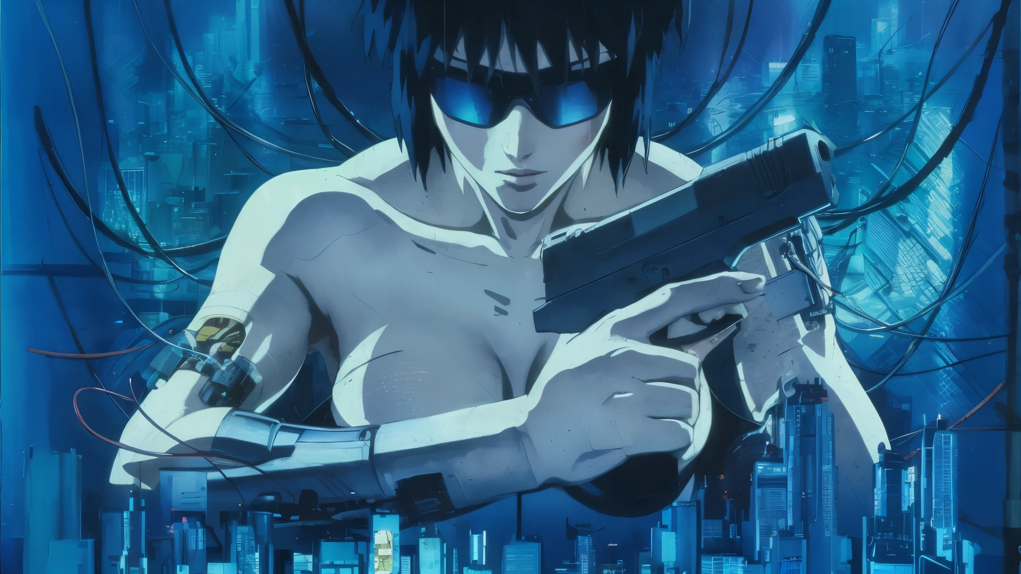 anime character holding a gun in front of a city skyline, ghost-in-the-shell, in the anime ghost in the shell, ghost in the shell, gits, gits anime, neo-tokyo, neo - tokyo, ghost in the shell style, motoko kusanagi, styled like ghost in the shell, metal gear solid anime cyberpunk
