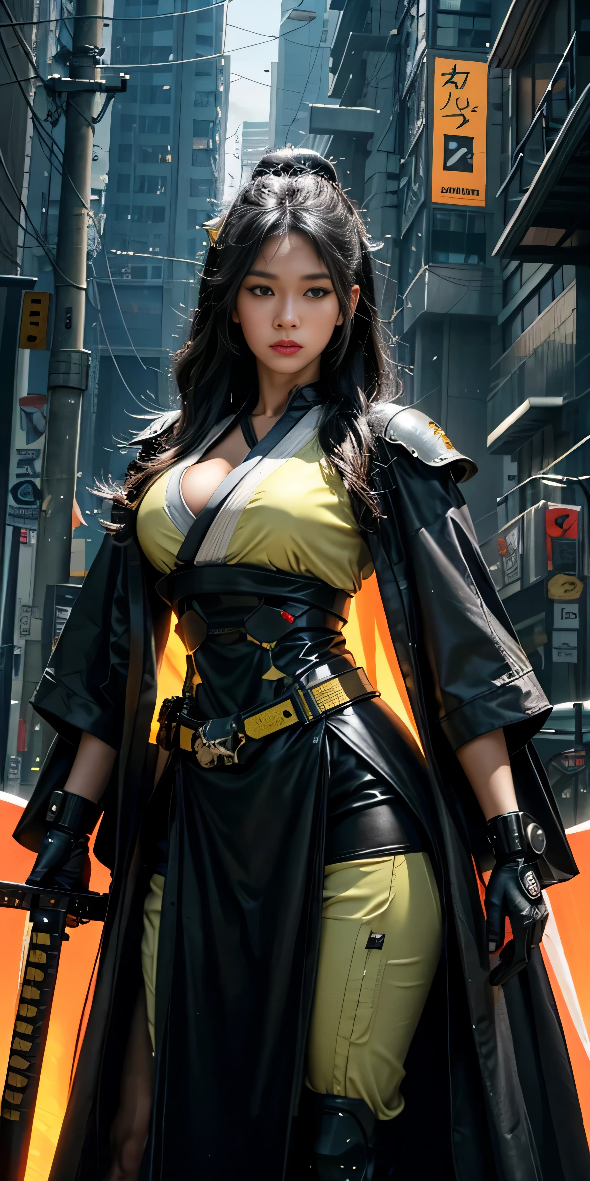 photorealistic, high resolution, soft light,1women, solo, hips up, (detailed face), yellow long hair, cybersamurai, cyborg, cyberpunk,  cyber armor, holding weapon,glowing,on the street , kimono , sniper looking at the target, katana,cloak