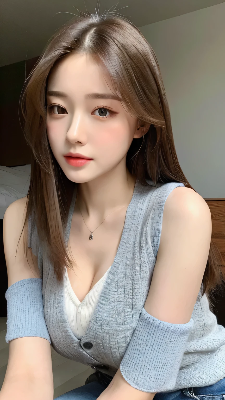 8K，（lively， High resolution：1.3）， One girl with perfect figure， The face shape and eyes are very delicate.，long hair， random color vest：1.2， short jeans， huge breasts，show cleavage