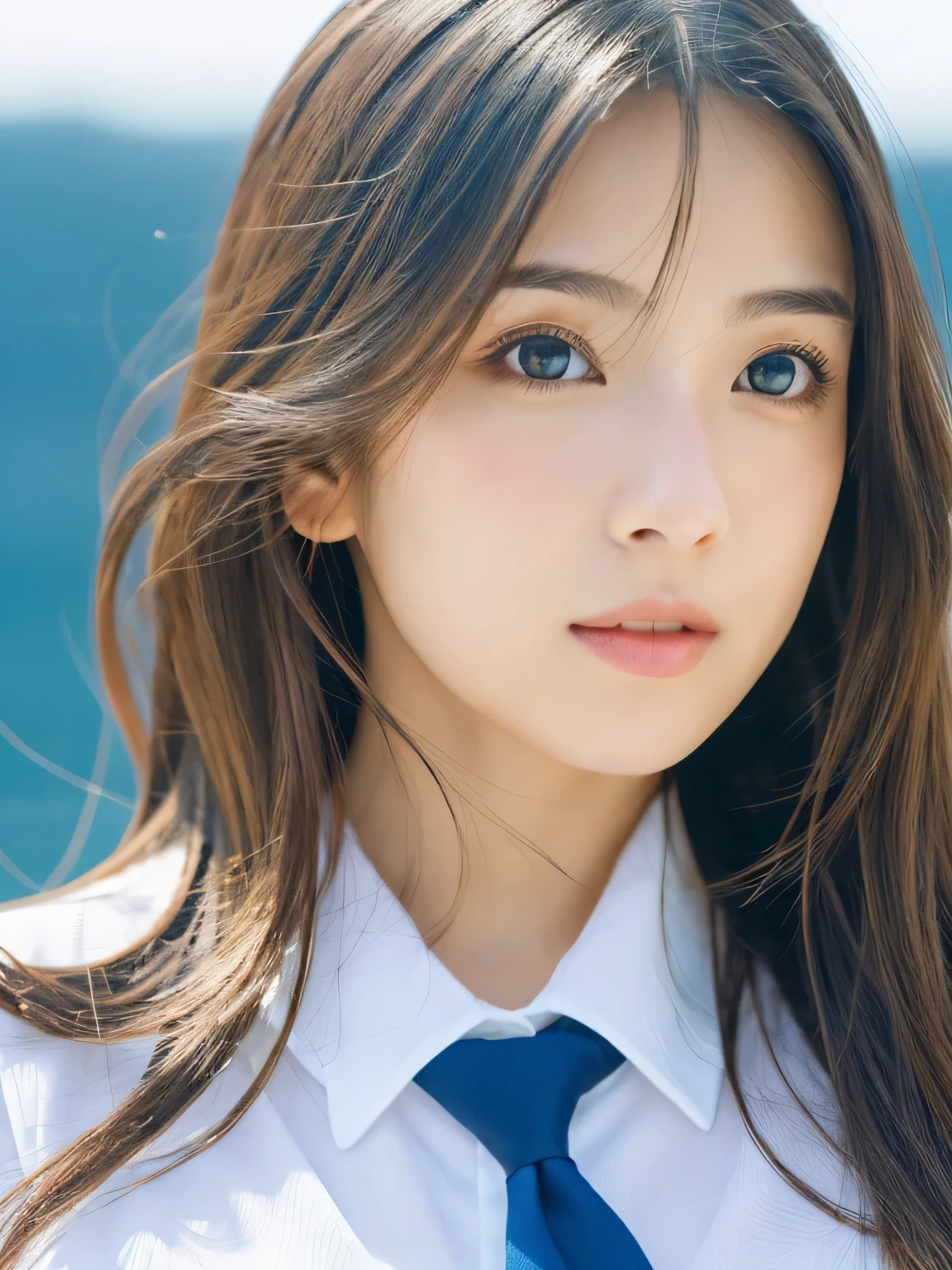 (((32k,high details,high detail、masterpiece,attention to detail,alone))),Raw photo & realistic atmosphere,beautiful dark blue eyes,detailed mouth,glossy lips,thin eyebrows,fine eyes、Soft white skin that shines in every detail、her deep black eyes are so beautiful,lip details、very beautiful face,very well-shaped face、lifelike face,shining beautiful lips,beautiful eyebrows,infinite reality, Realistic young gravure idol,she'she'she'she'she'she'very cute woman , young gravure idol, young gravure idol, Very beautiful and cute 22 years old beautiful girl,incredibly beautiful and classy,22 years old beautiful girl,natural soft light,(shiny hair,,Beautiful and kind eyes:1.5),gentle smile,well-shaped chest,medium long hair,tie hair,beautiful posture,no makeup,think ahead,whole body,Ocean,Soba by Ocean,Do not add watermarks to corners,Don't put watermarks on beautiful girls