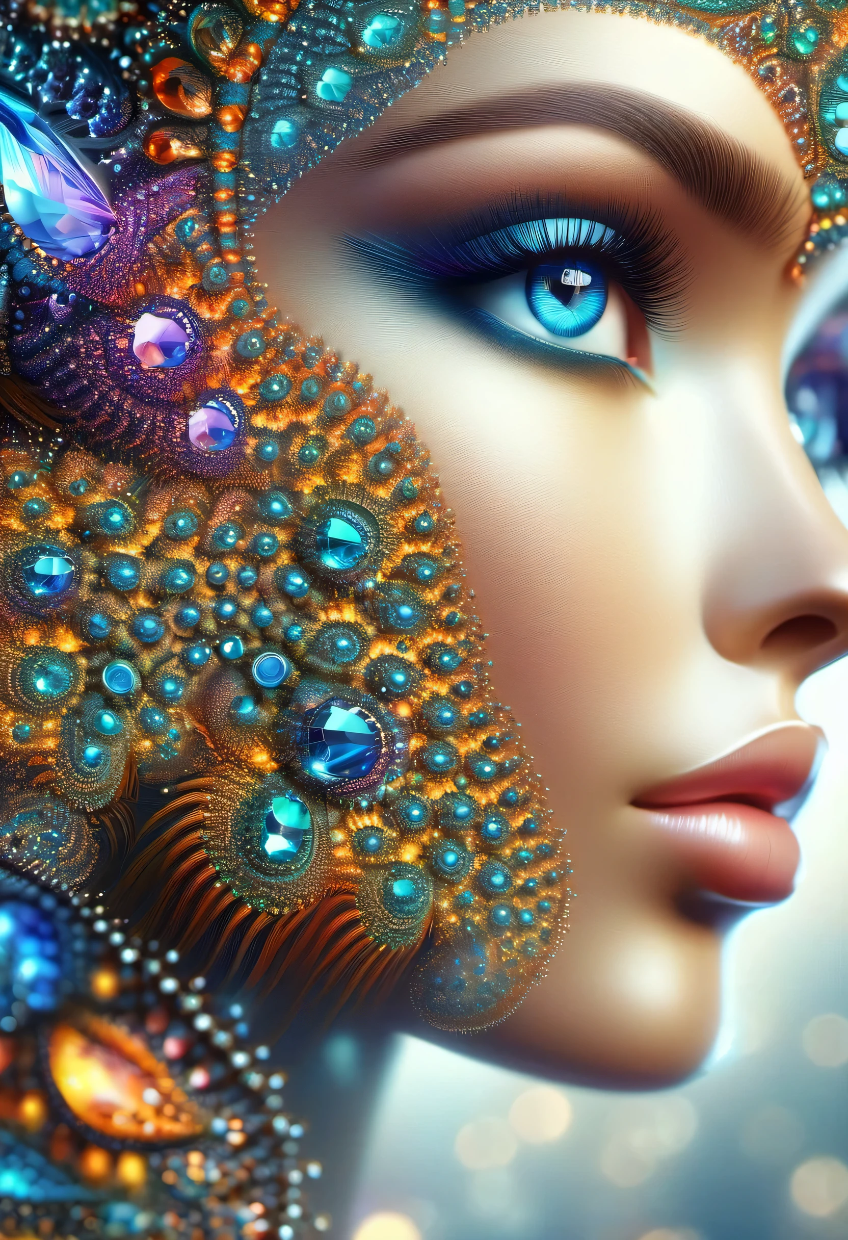 (best quality, high-quality, masterpiece:1.2), 1 girl, (close-up:1.2), from the side, shallow depth of field, diamond and beautiful eyes, extremely detailed, (fractal art:1.2), colorful, most detailed