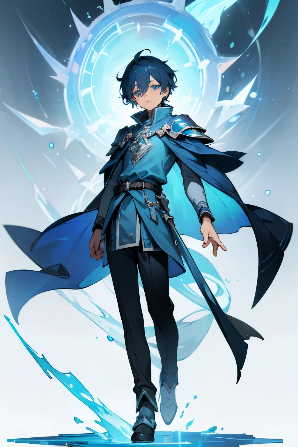 1boy, ((human)), ice wizard, black and blue hair, tousled, blue eyes, blue tunic, (detailed face), full body