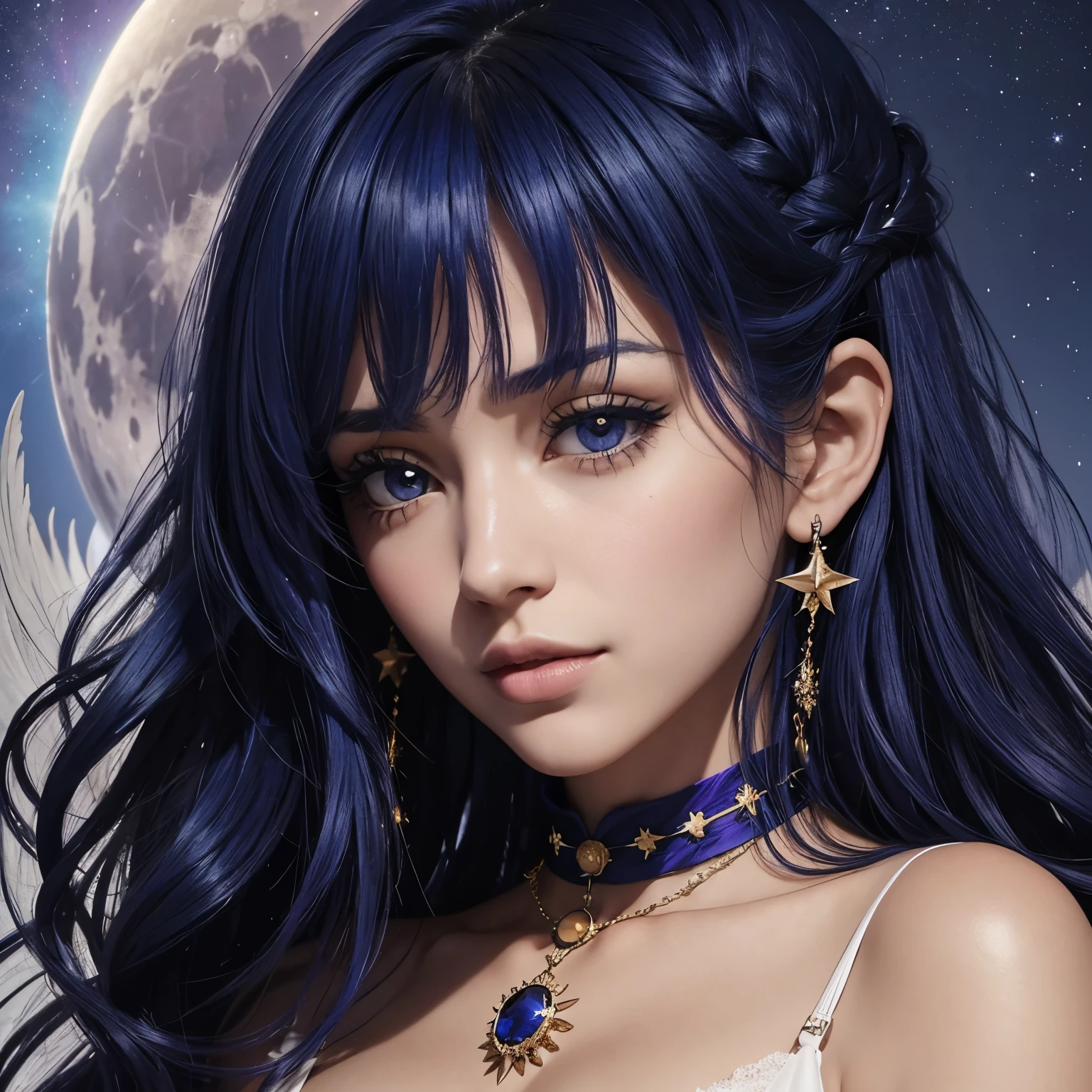 Chica de iris morados y cabello azul opaco con un mechon blanco rizado, un lunar bajo su ojo izquierdo, usa unos aritos de estrellas largos junto a un collar elegante y largo de Luna. Tiene un aire de elegancia. Magia y delicadeza
