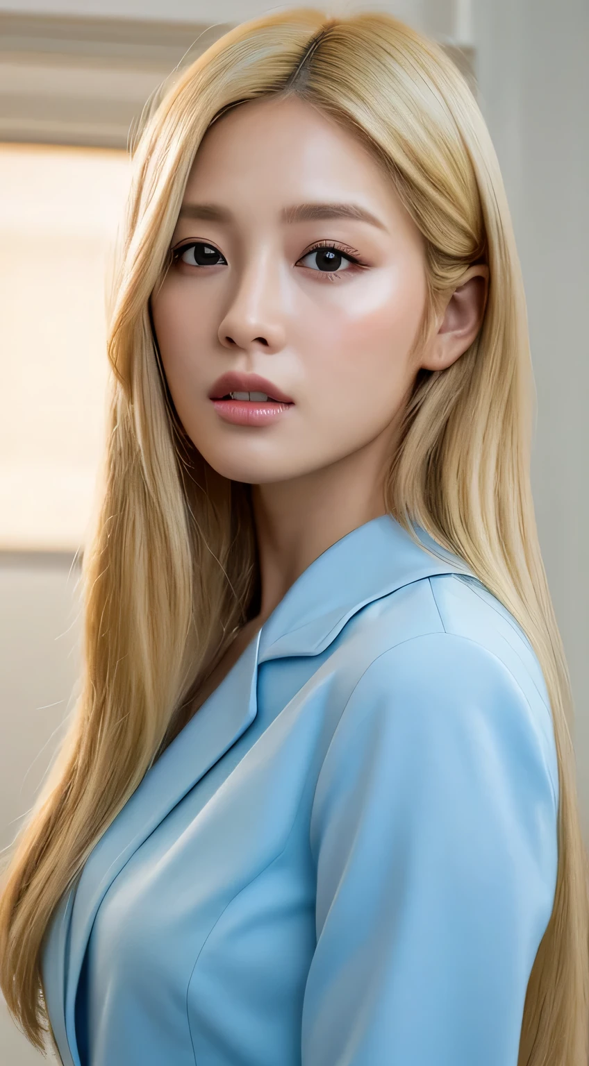 ((realistic lighting、highest quality、8K、masterpiece:1.3))、clear focus:1.2、1 girl、perfect beauty:1.4、slim((blonde hair))、neat and clean clothes、one piece、super fine face、narrow eyes、double eyelid、cinematic lighting、realistic pictures、28 years old、straight hair、K-POPアイドルみたいな顔
