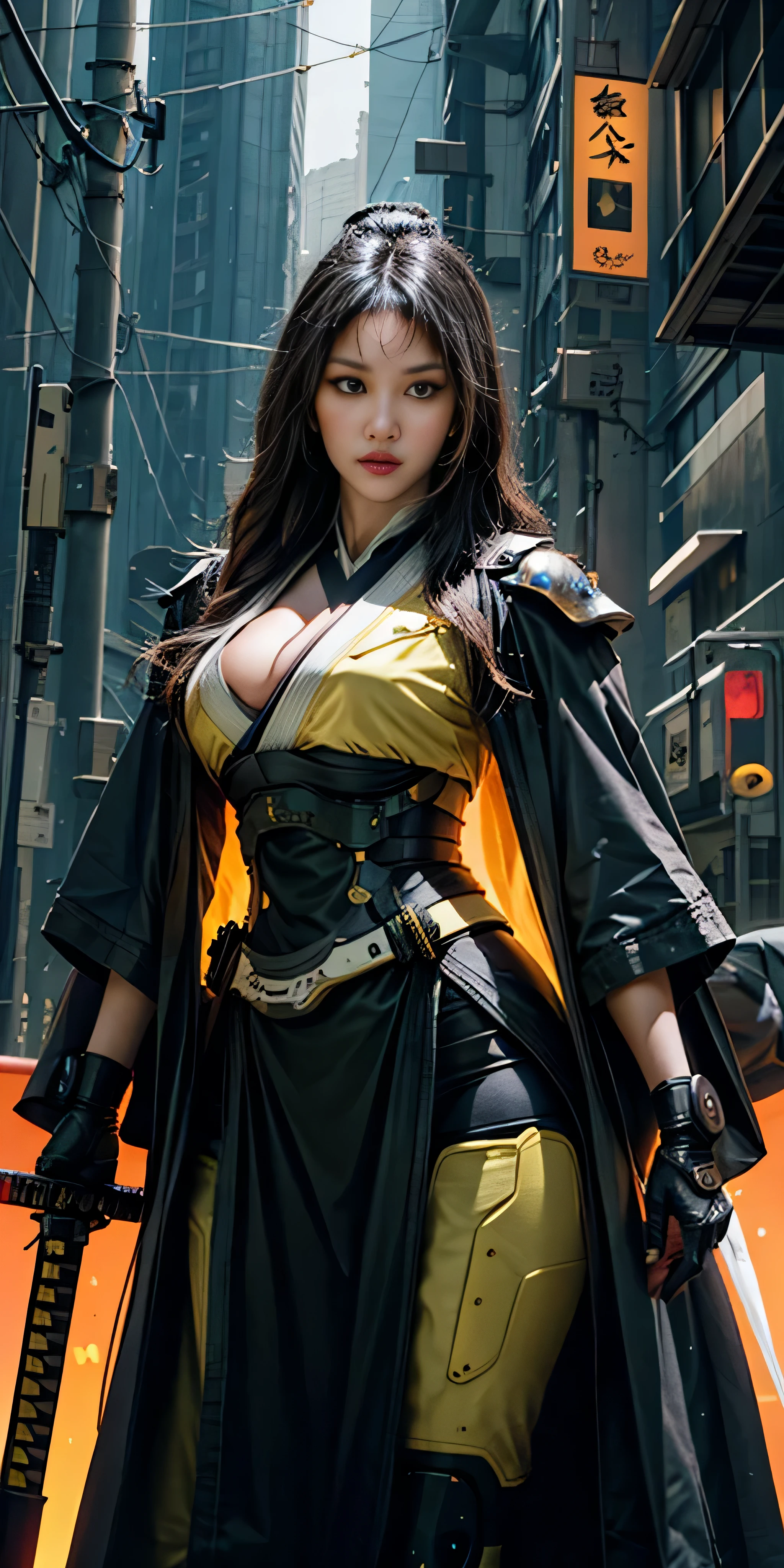 photorealistic, high resolution, soft light,1women, solo, hips up, (detailed face), yellow long hair, cybersamurai, cyborg, cyberpunk,  cyber armor, holding weapon,glowing,on the street , kimono , sniper looking at the target, katana,cloak