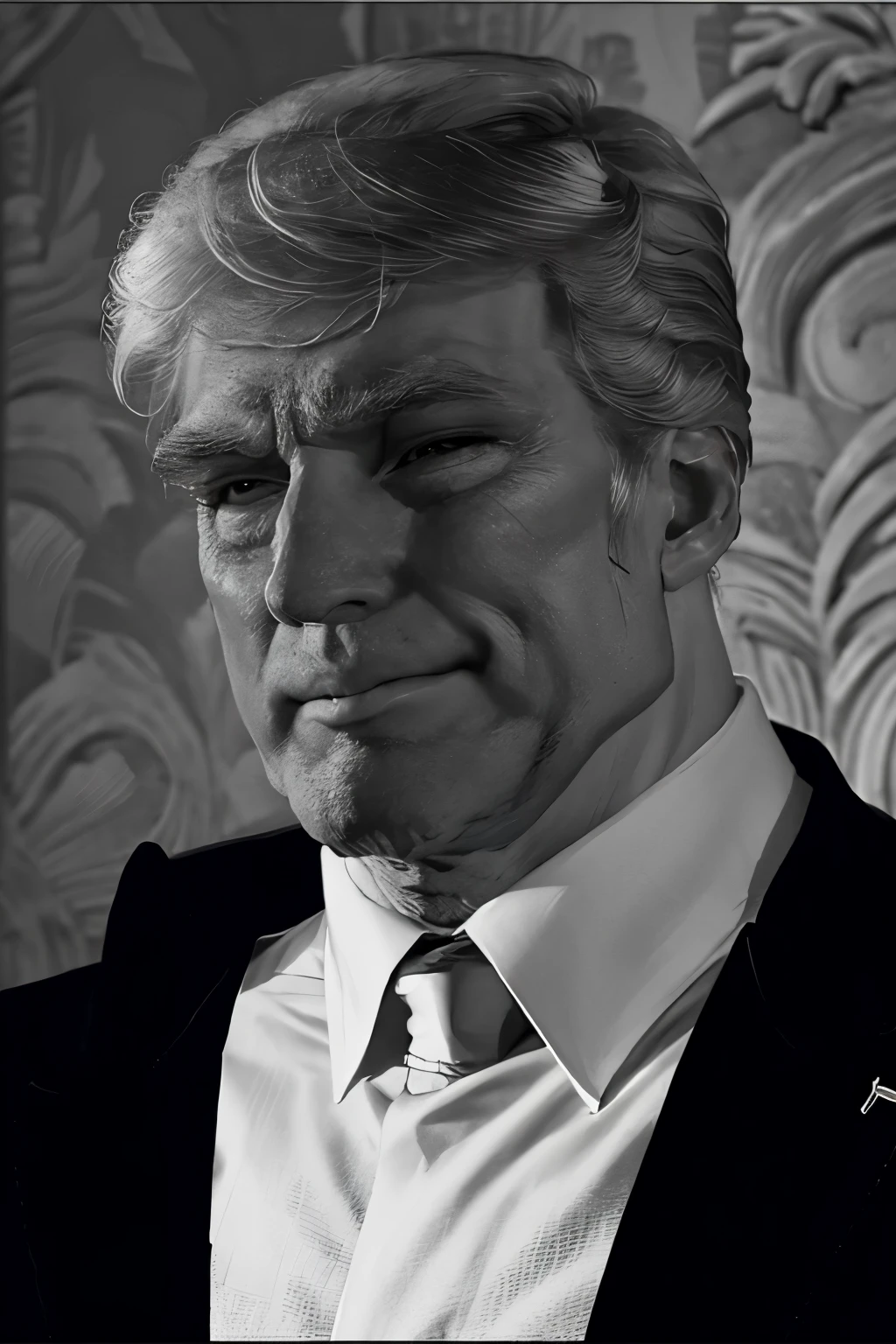 Highly detailed, High Quality, Masterpiece, beautiful, 1boy, celebrity, donald trump, IncursioGigaLookingLeft, monochrome, greyscale, chiseled jaw,