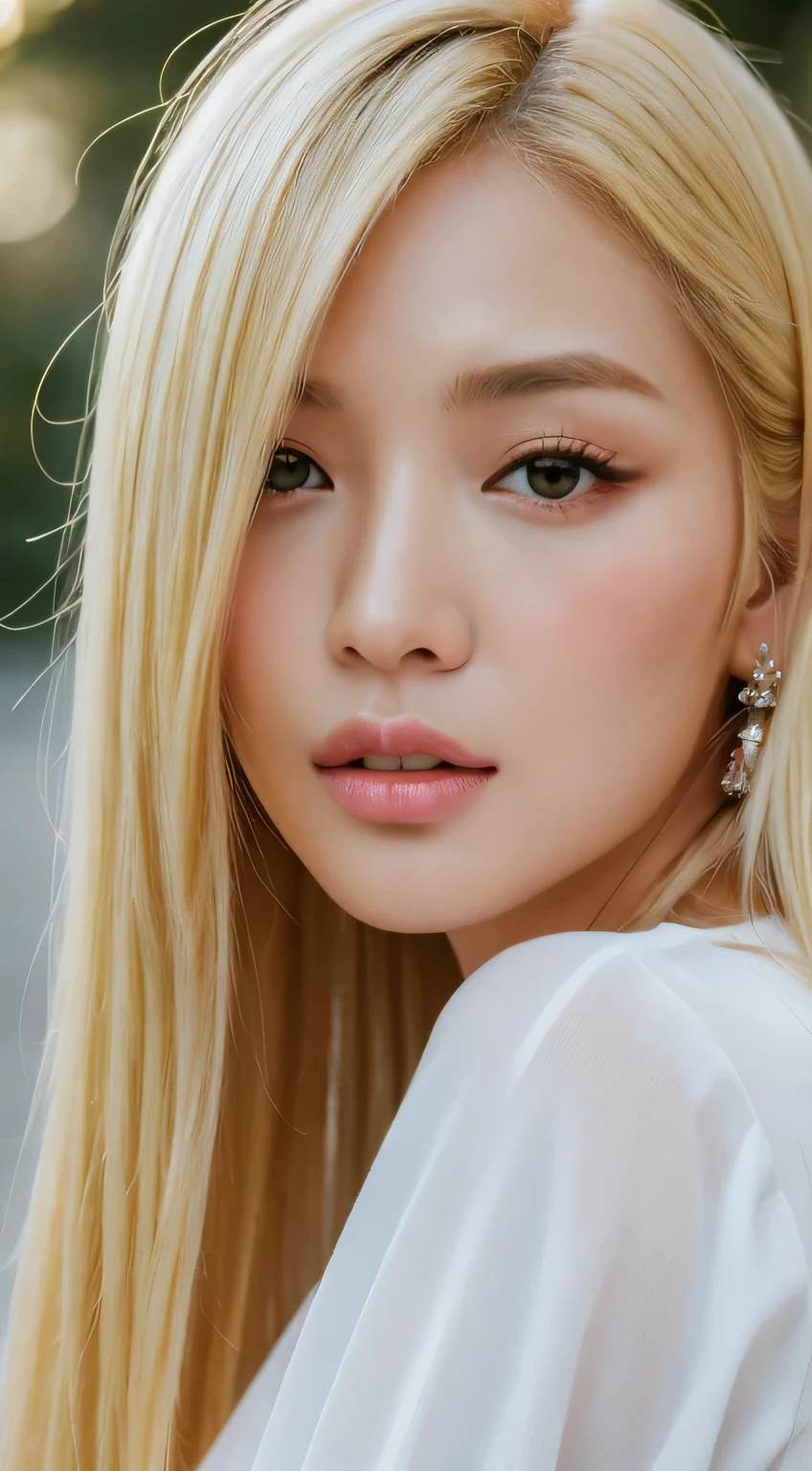 ((realistic lighting、highest quality、8K、masterpiece:1.3))、clear focus:1.2、1 girl、perfect beauty:1.4、slim((blonde hair))、neat and clean clothes、one piece、super fine face、narrow eyes、double eyelid、cinematic lighting、realistic pictures、28 years old、straight hair、K-POPアイドルみたいな顔