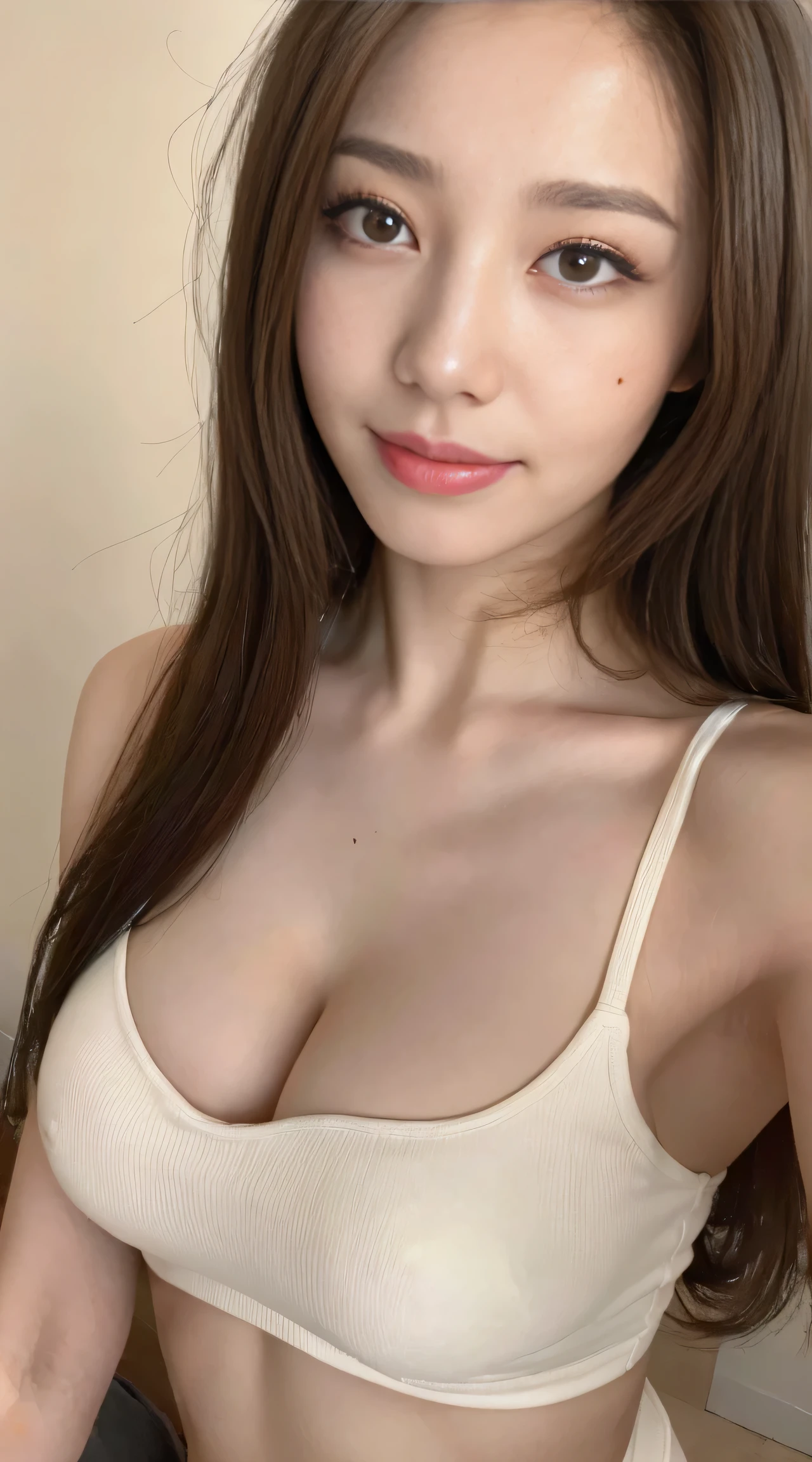 ((highest quality, 8K, masterpiece :1.3)), 1 girl, Beautiful woman with slender abdominal muscles: 1.3, (long hair, big breasts: 1.2), oversized tank top: 1.2, super delicate face, delicate eyes, double eyelid, smile, Home