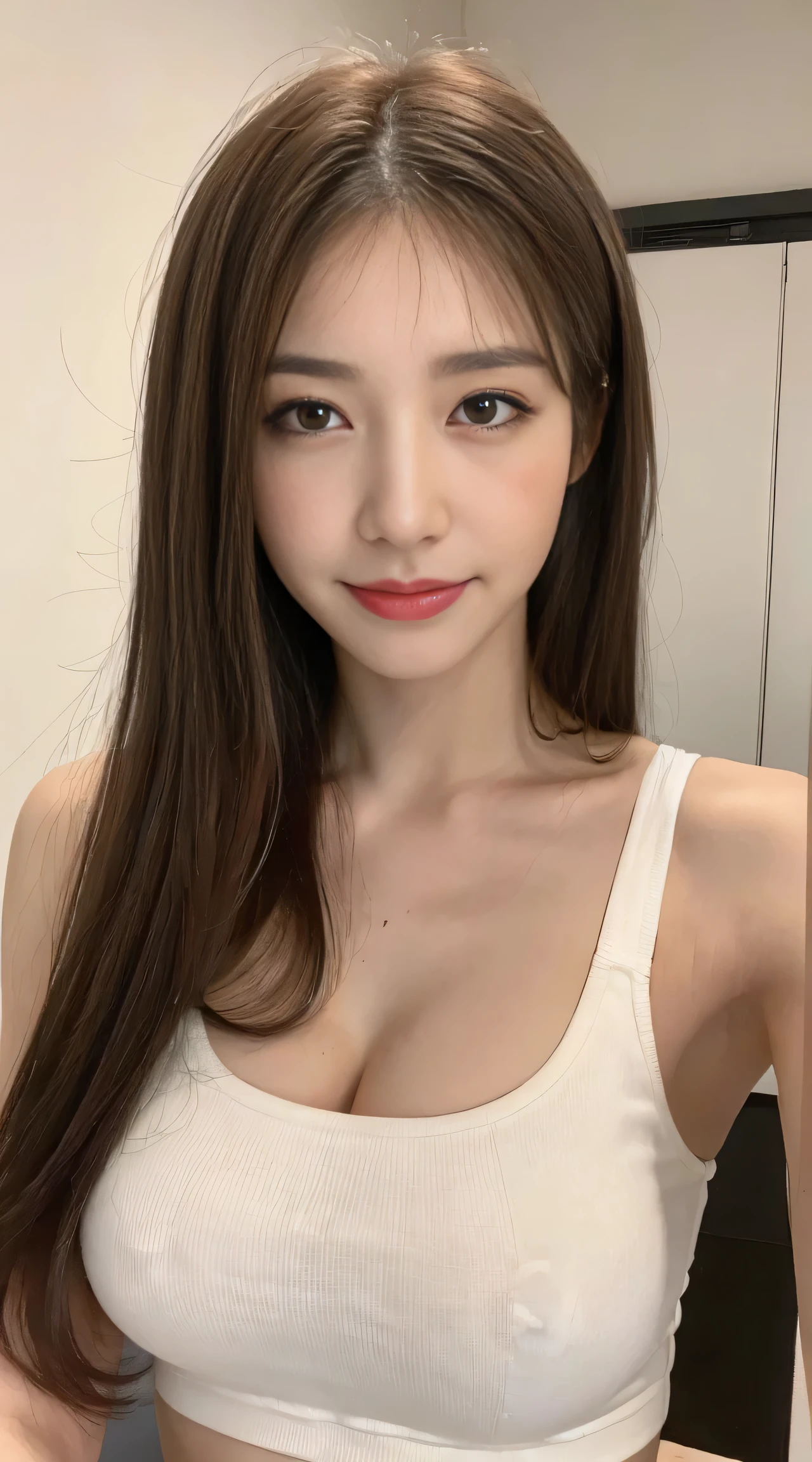 ((highest quality, 8K, masterpiece :1.3)), 1 girl, Beautiful woman with slender abdominal muscles: 1.3, (long hair, big breasts: 1.2), oversized tank top: 1.2, super delicate face, delicate eyes, double eyelid, smile, Home
