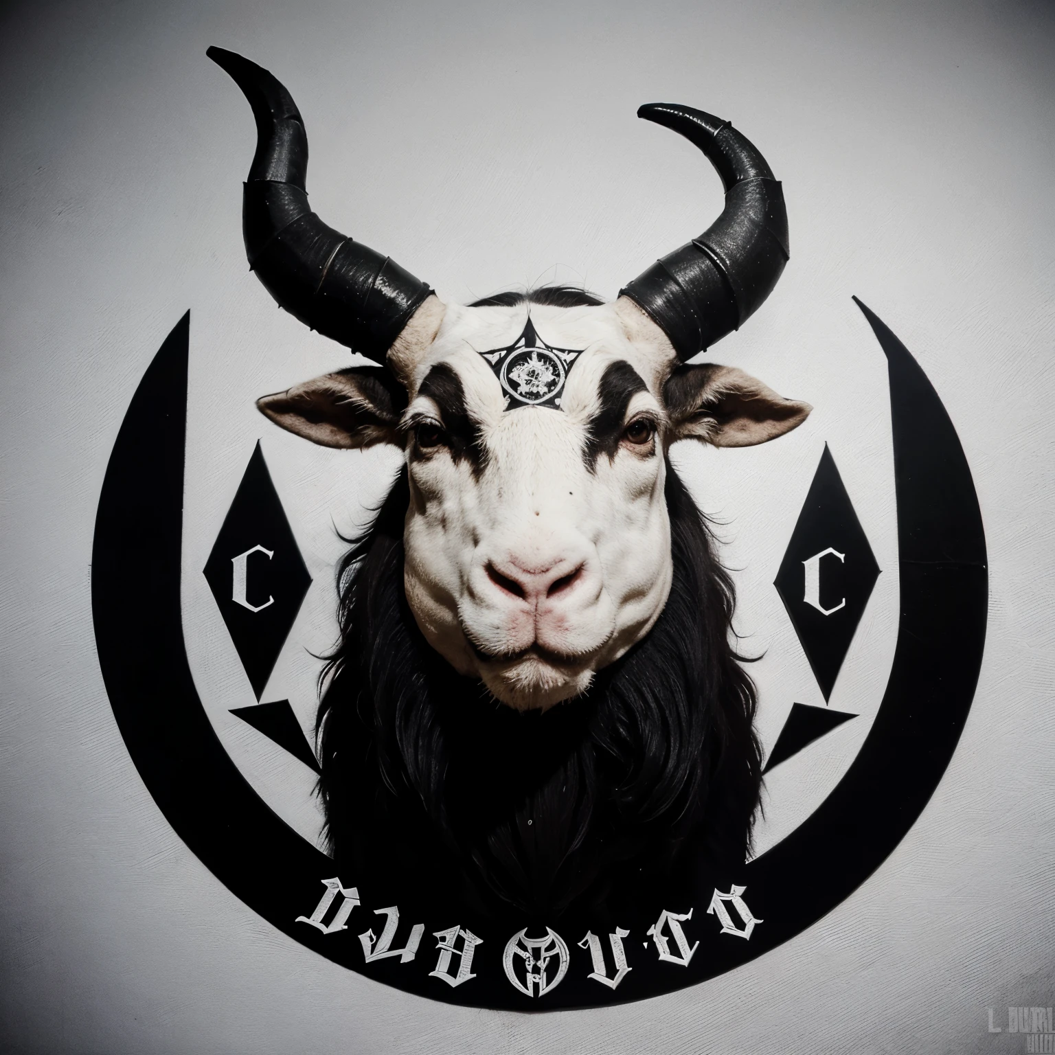 Logotipo de banda de Black metal con nombre AHBDUL, pentagramas, una cabeza chivo blanco, edad media 