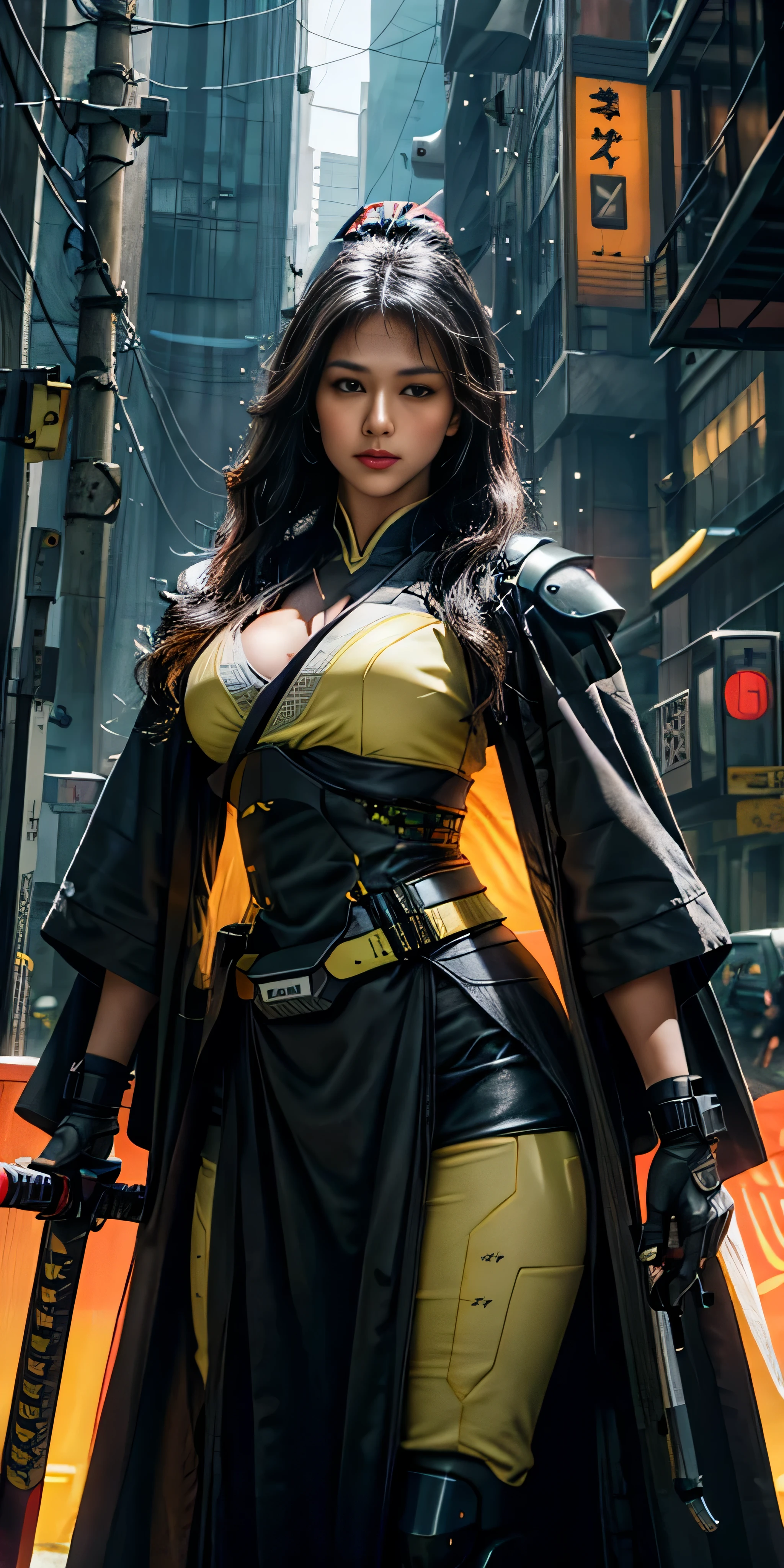 photorealistic, high resolution, soft light,1women, solo, hips up, (detailed face), yellow long hair, cybersamurai, cyborg, cyberpunk, cyber armor, holding weapon,glowing,on the street , kimono , sniper looking at the target, katana,cloak