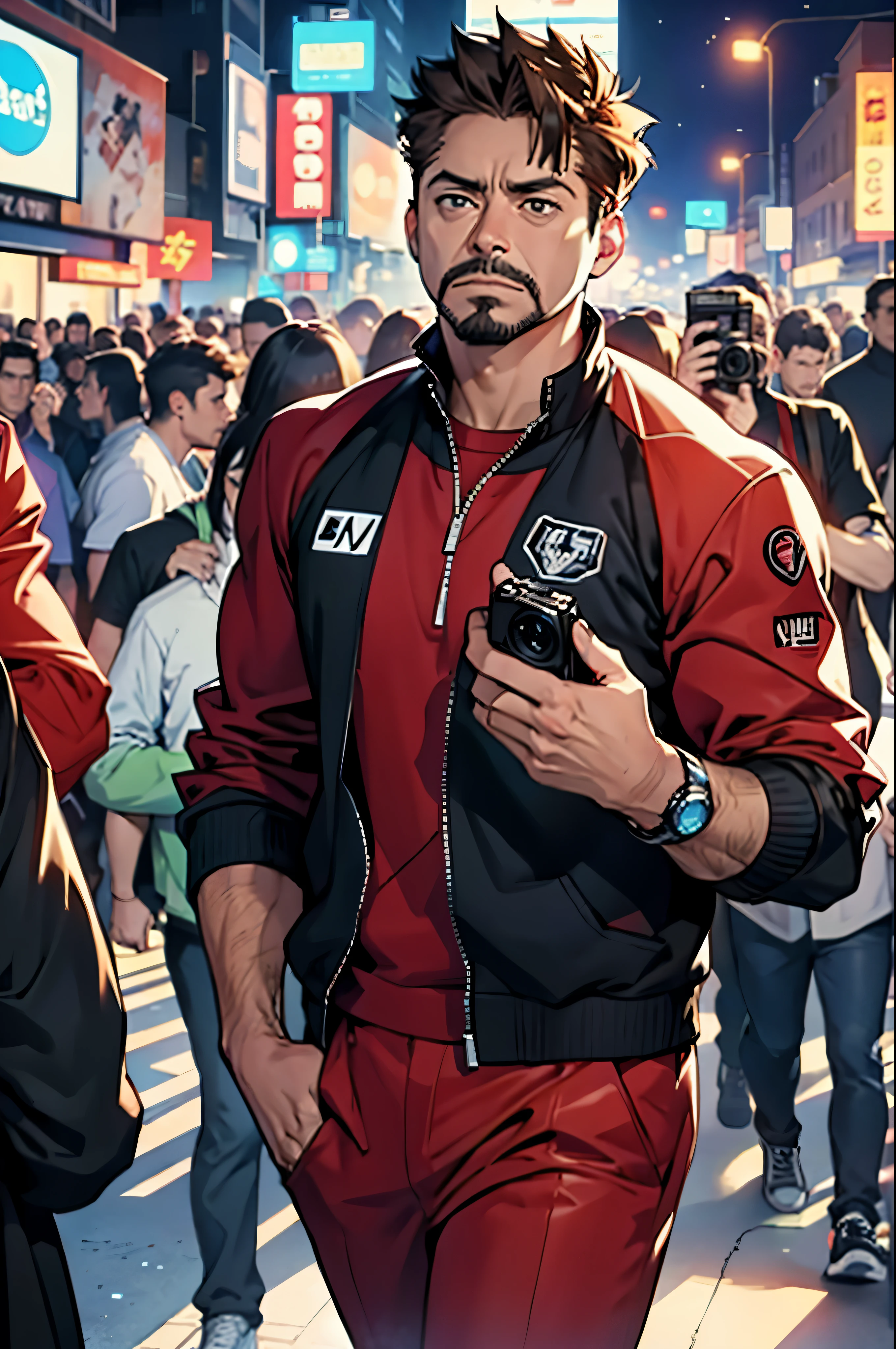 Confused Tony Stark, crowd of people with phones and cameras, Camera flashes, perplexity, Fear, the picture is alarming, many people