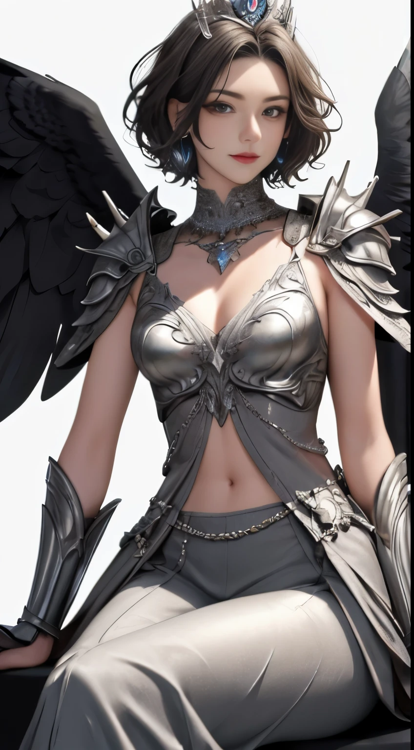 1 bird woman, short curly gray hair, light brown eyes, thin lips, round face, covered small flat breasts, thin waist, wearing silver armor drawn on the body, pair of large imposing eagle wings on the back, holding a mace full of nails on left hand,imposing,arrogant look,SFW,sitting on a crystal throne