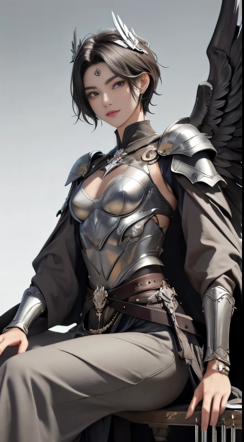 1 bird woman, short curly gray hair, light brown eyes, thin lips, round face, covered small flat breasts, thin waist, wearing silver armor drawn on the body, pair of large imposing eagle wings on the back, holding a mace full of nails on left hand,imposing,arrogant look,SFW,sitting on a crystal throne