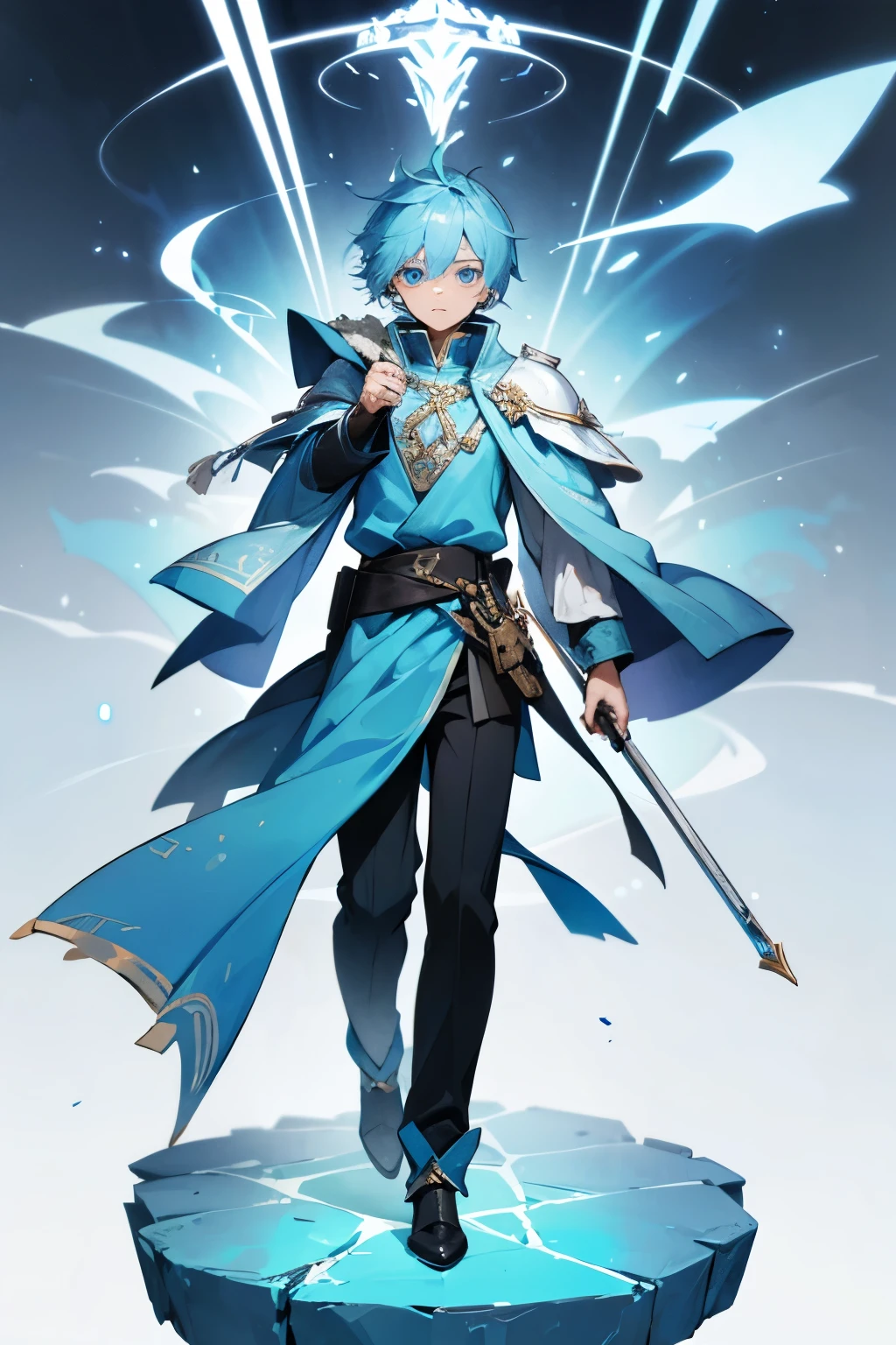 1boy, ((human)), ice wizard, black and blue hair, tousled, blue eyes, blue tunic, (detailed face), full body
